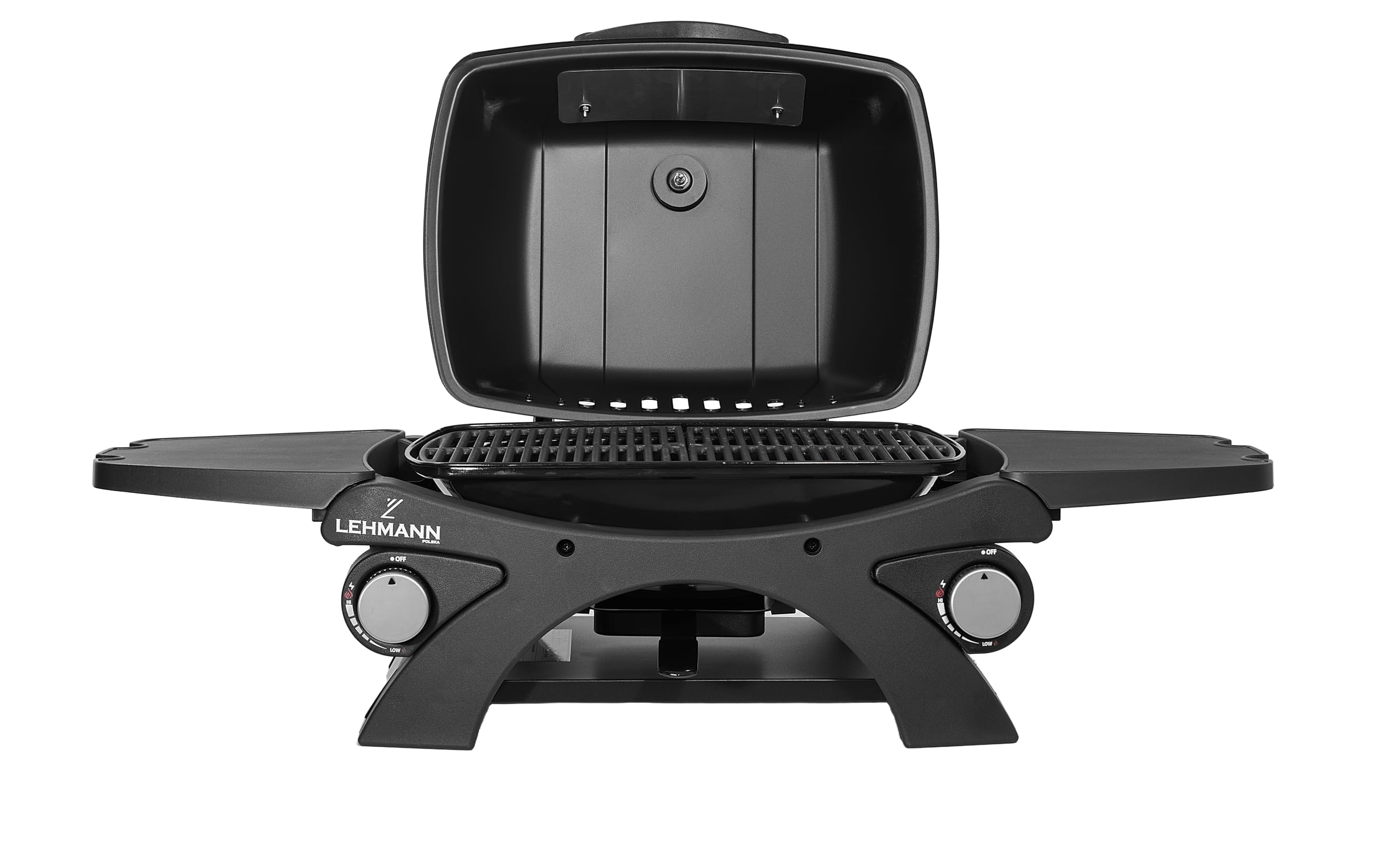 LEHMANN Gasgrill, Tragbarer Tischgasgrill mit 2 Brenner, Thermometer & Seitentischen klappbar, Gusseisen Grillrost mit 1638 cm² Grillfläche, Tischgrill für Outdoor BBQ, Balkon- & Campinggrill