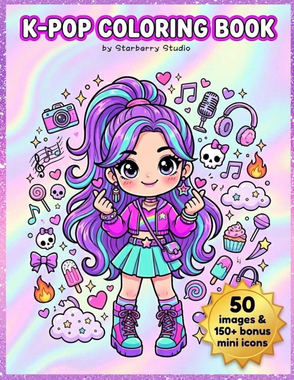 K Pop Coloring Book: 50 Cute Kawaii & Chibi Idol Designs, Fashion Outfits, Stage Scenes & Relaxing Coloring Pages for Kids, Teens & Adults