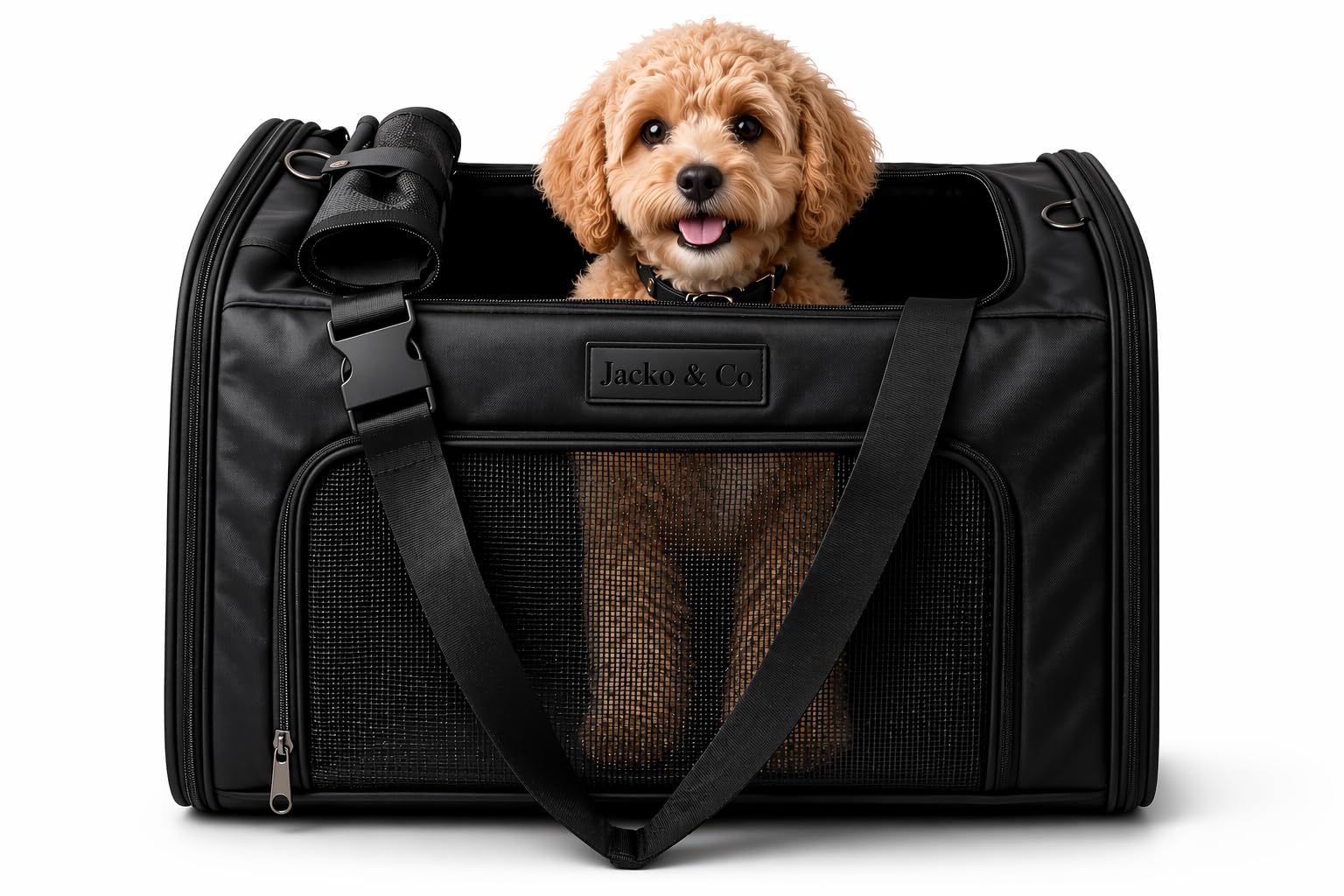 JACKO & CO - Premium Dog & Cat Carrier up to 10lbs, TSA Airline Approved with Luggage Loop, Soft-Sided Travel Carrier Bag for Pets, Small Dogs, Puppies, Kittens, Ventilated Windows & Fully Collapsible
