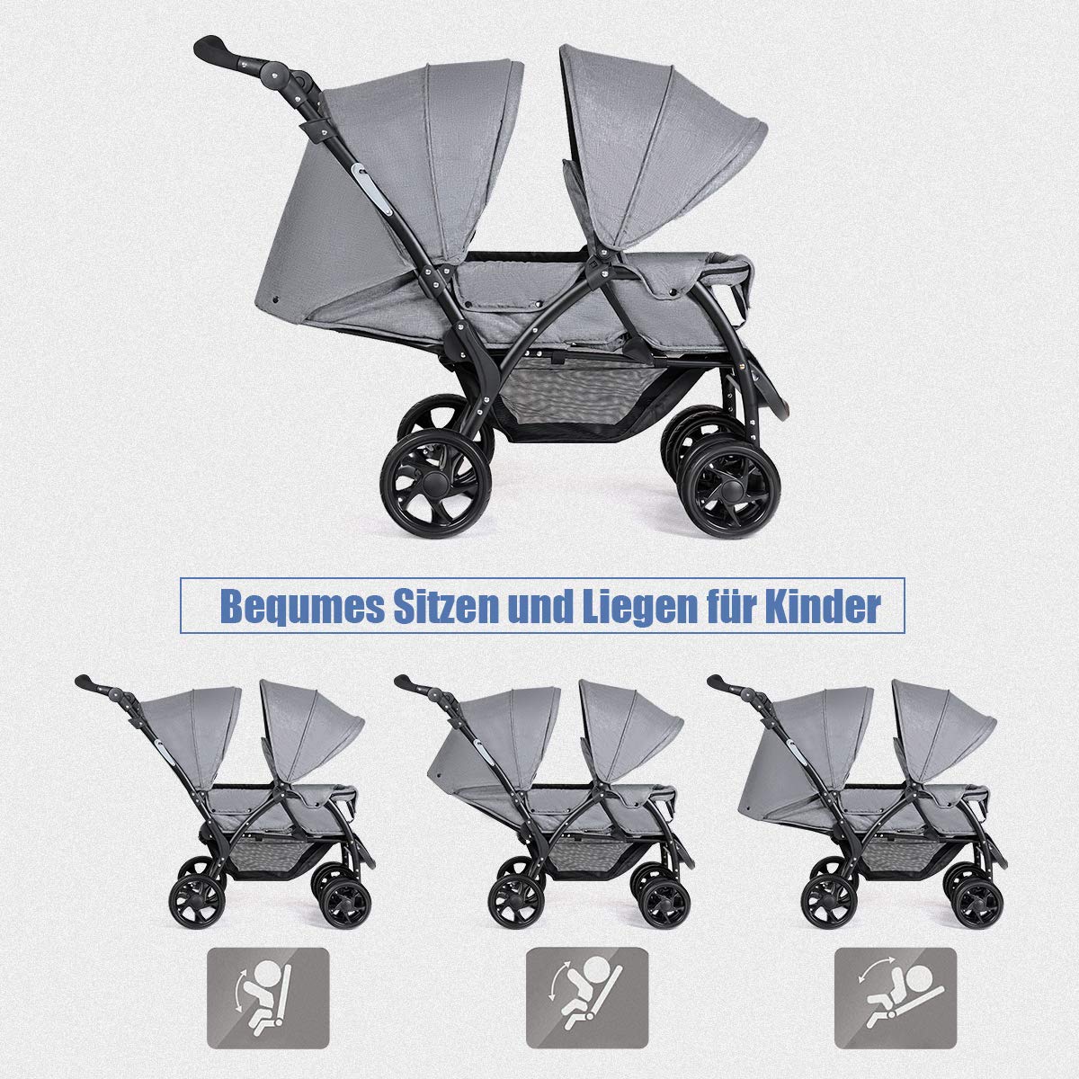 DREAMADE Geschwisterwagen Baby ab Geburt bis 15 kg, Zwillingskinderwagen Faltbar mit verstellbarer Liegeposition und Fußstützen, Zwillingsbuggy mit Verdeck & Sicherheitsgurt