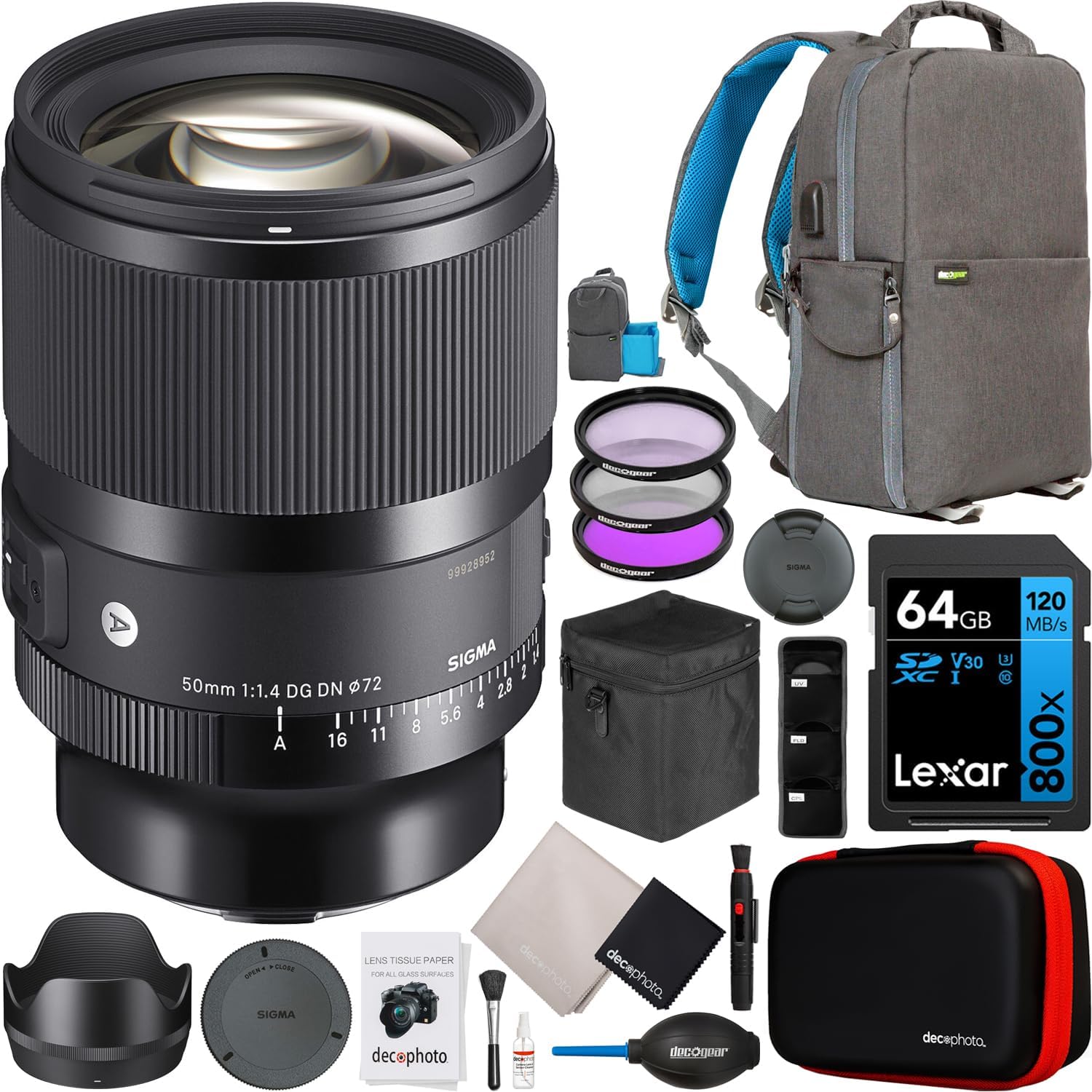 Sigma 50mm F1.4 DG DN Art Lens for Sony E-Mount Full Frame Mirrorless Cameras 315965 Bundle with Deco Gear Photography Backpack + UV Polarizer FLD Filter Kit and Accessories