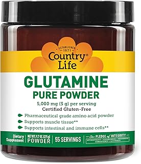 Country Life Glutamine Pure Powder 5000mg, 9.7oz Powder, 55 Servings, Supports Muscle Tissue - Supports Intestinal & Immune Cells - Pharmaceutical Grade Amino Acid, Certified Gluten-Free