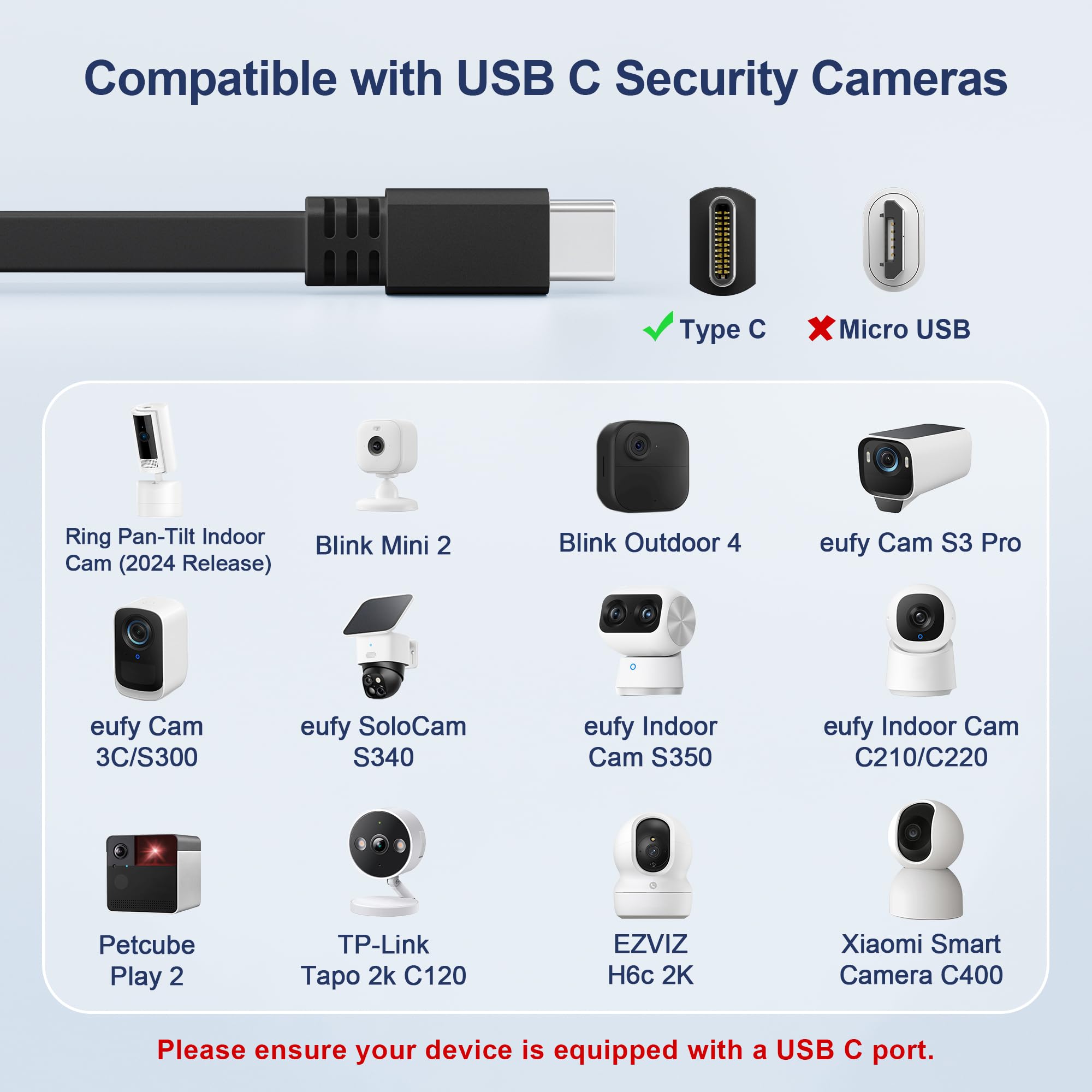 Itramax Cavo di Ricarica Prolunga USB C Piatto 6M,Cavo di Alimentazione da USBA a USB C per Telecamera di Sicurezza Videocamera Blink Outdoor 4/Mini 2 2K+,Tapo C120,eufy Indoor Cam S350,EZVIZ CP1 Pro