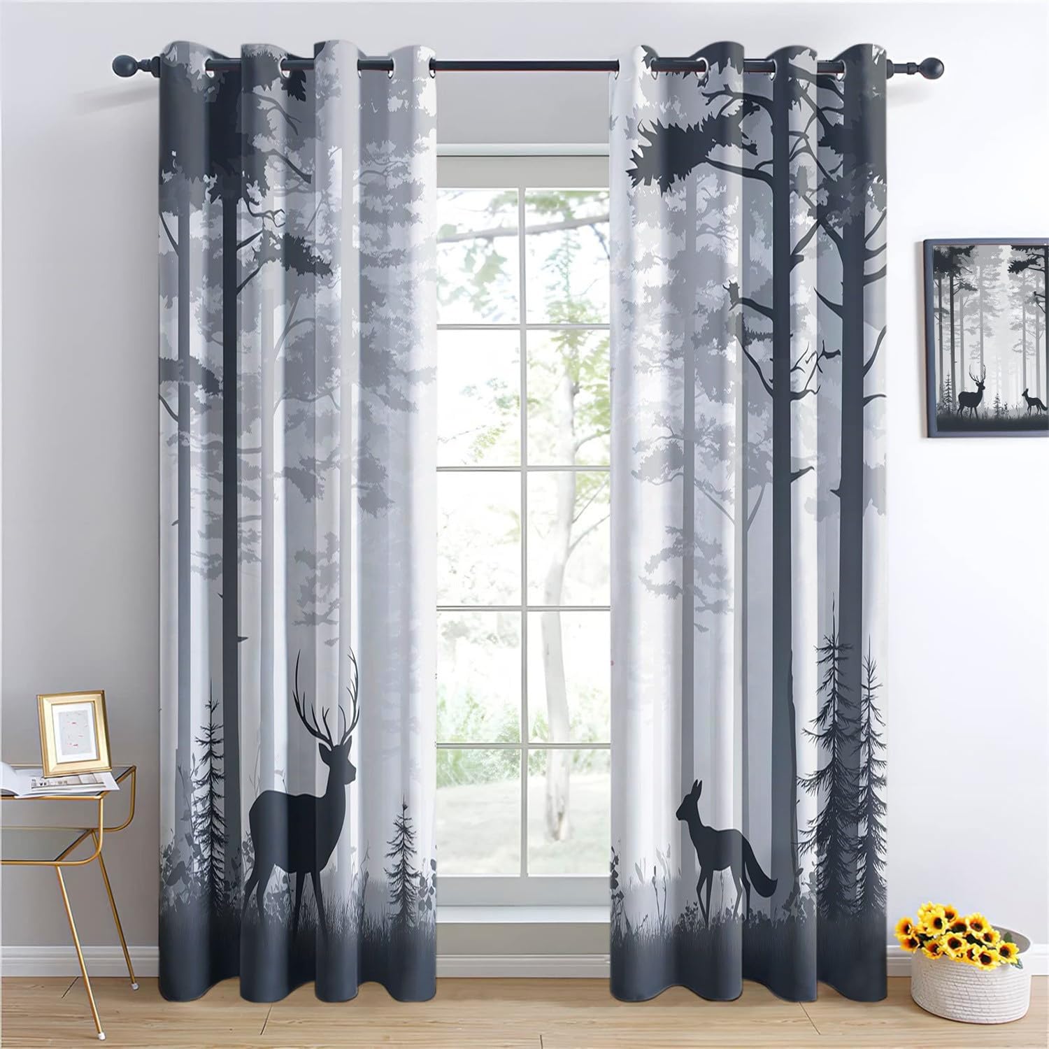Curtains Primeval Forest Deer And Fox Polyester Soft Curtains Top Eyelets Treatments Blackout Window Grey For Living Room Bedroom W 46" x L 54" (2 Panels)