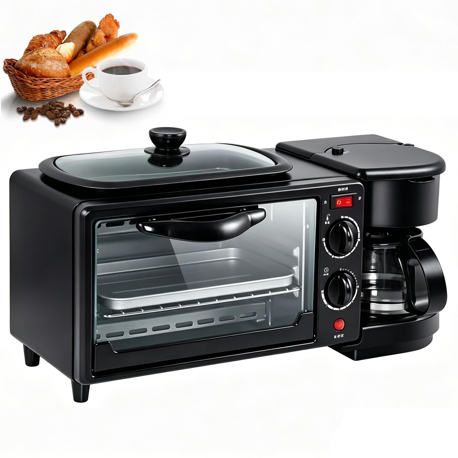 Stazione di colazione compatta 3 in 1 con macchina per il caffè, mini forno e griglia.60Min Timer, Superficie Antiaderente.Apparecchio da cucina salvaspazio per uova, pancetta, frittelle.Facile Pulito