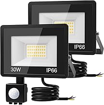 30W Security Lights Outdoor Motion Sensor, 3000LM LED Floodlight IP66 Waterproof, 6500K Cold White Outside Light Mains Powered for Garage, Garden, Backyard-2 Pack