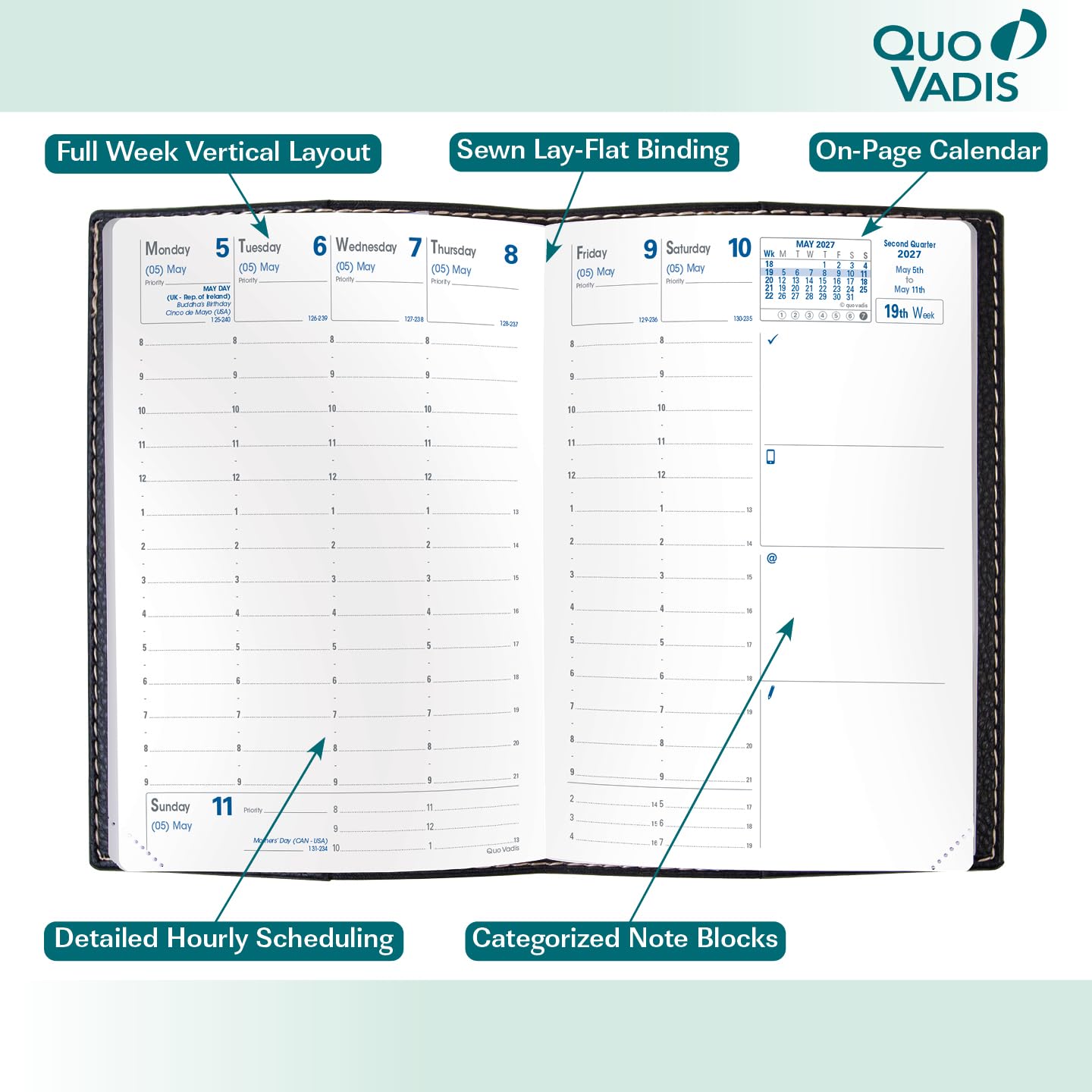 Quo Vadis Agenda settimanale 2027, 12 mesi, da gennaio a dicembre, 10,2 x 15,2 cm, copertina liscia in finta pelle scamosciata Texas, color carbone