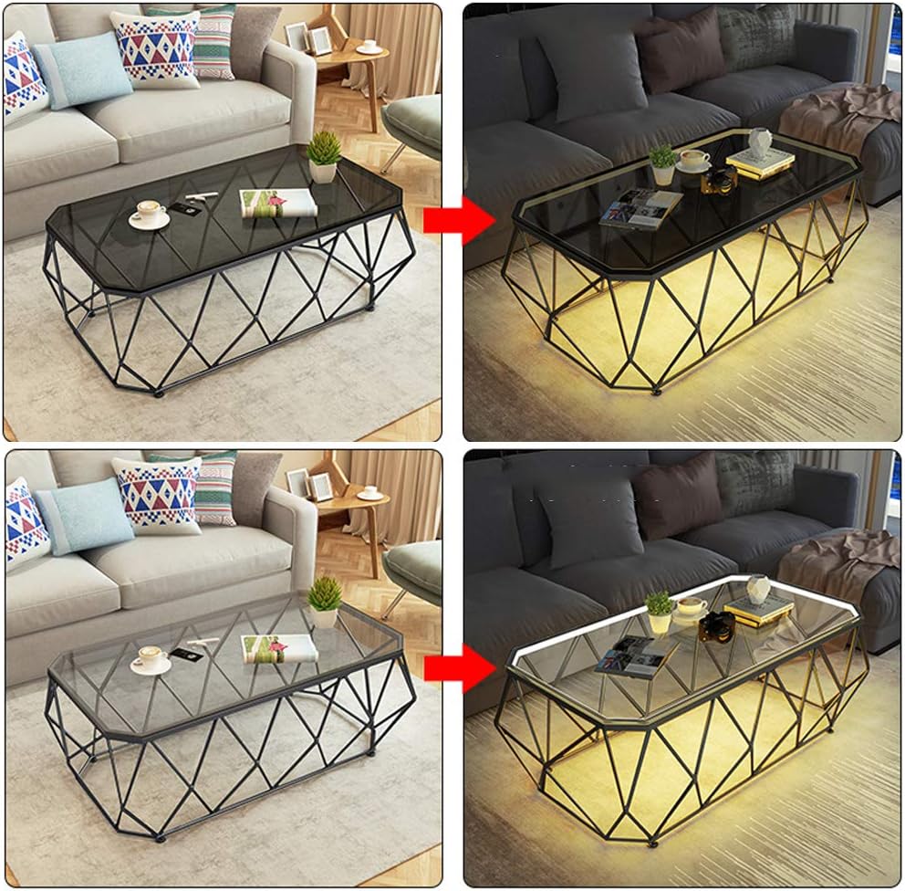 Side Table/End Table,Nordic Minimalist Tea Table Rectangle Coffee Table Tempered Glass End Table with Metal Frame and Light Strip for Living Room Bedroom Office