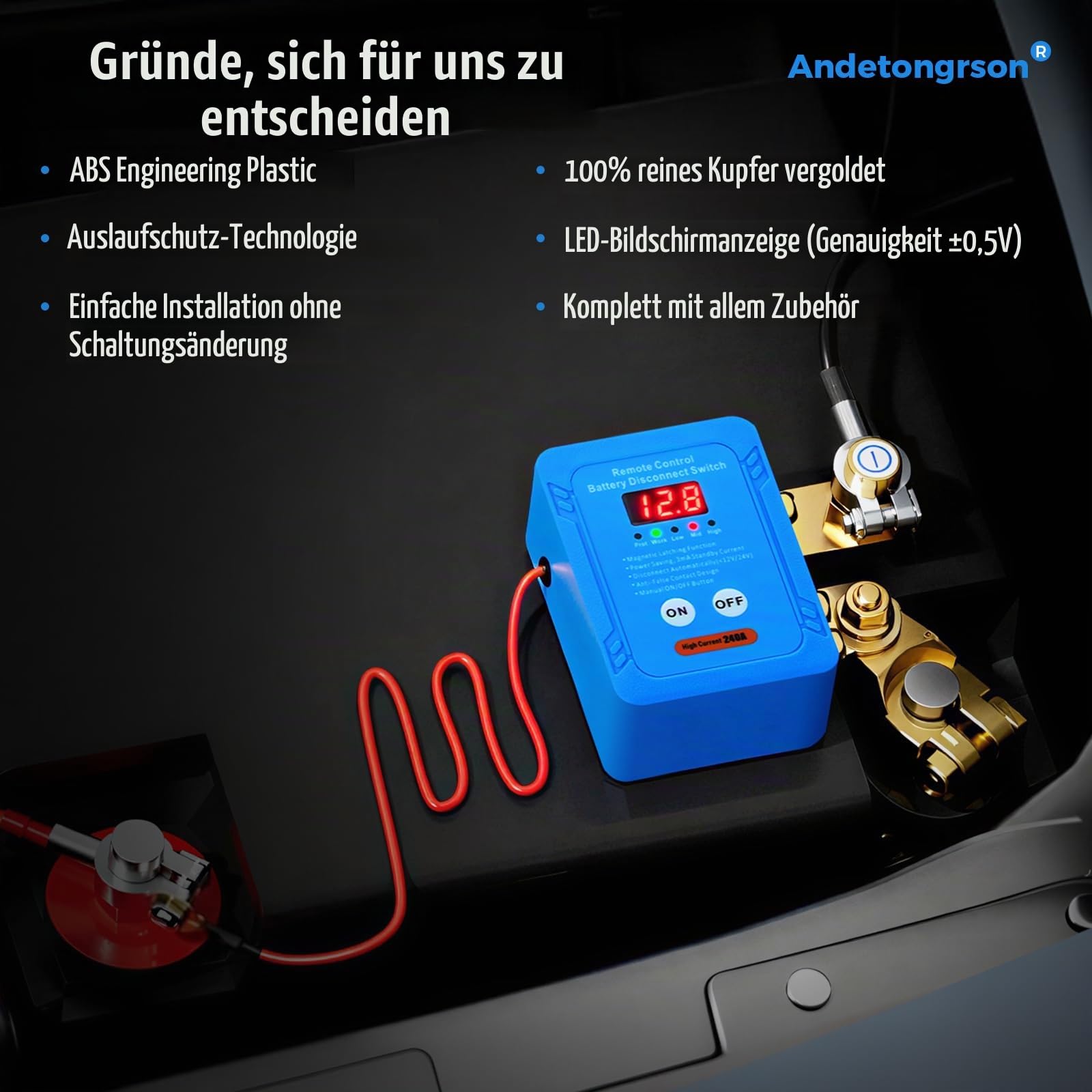 ‌Fernbedienbarer Batterietrennschalter mit Spannungsanzeige – inkl. Kabel, Werkzeug und Zubehör – schützt Batterieelektronik per Schlüsselfernbedienung – für Autos/Fahrzeuge 12V/24V 240A