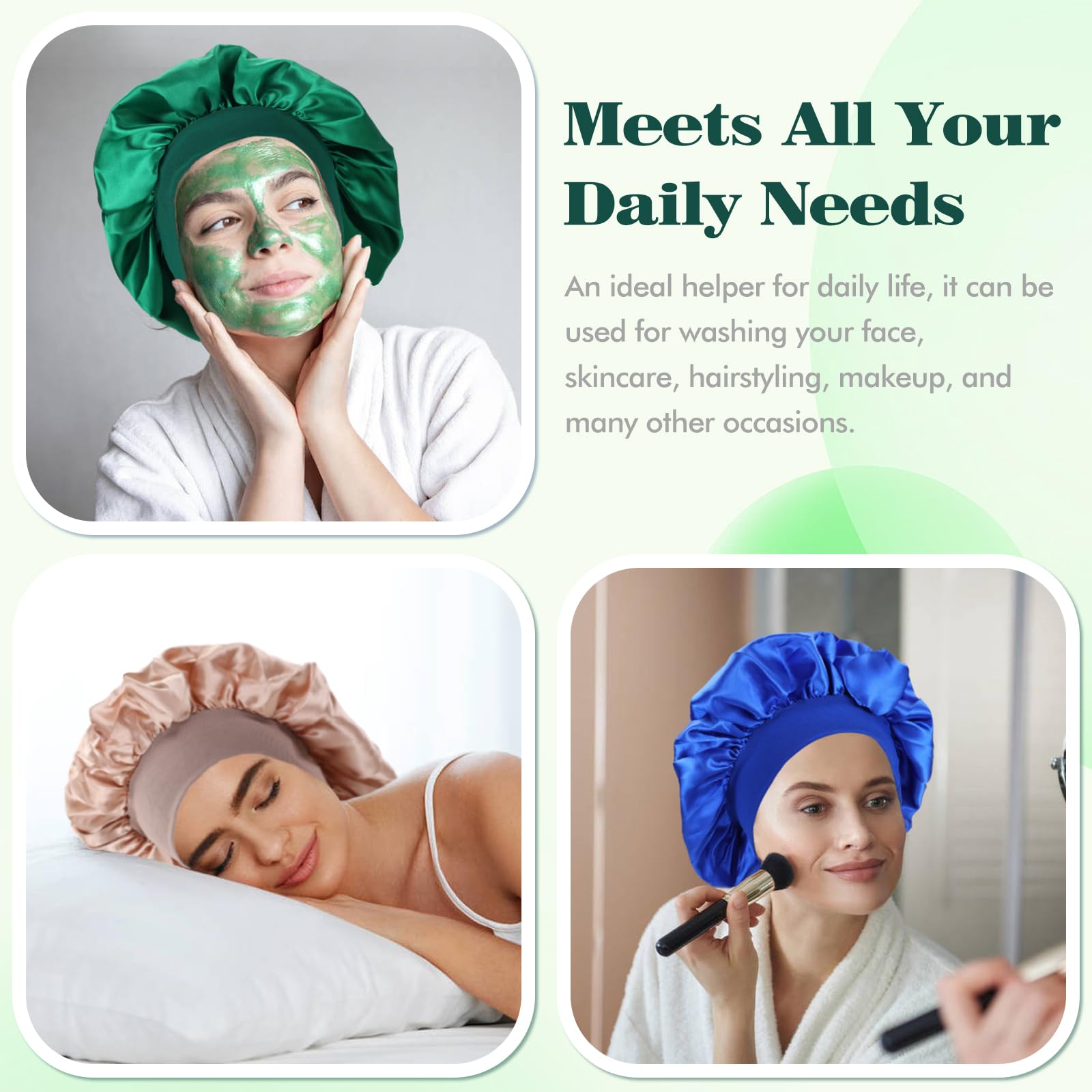 Yoosit 8 Pack Colors Satin Lined Silky Sleeping Bonnets Sleep Caps Curly Long Hair Protector Night Large Adjustable Wide Brim Band Sleep Hats Hair Wraps for Women Girls (Mix Colors) - Image 2