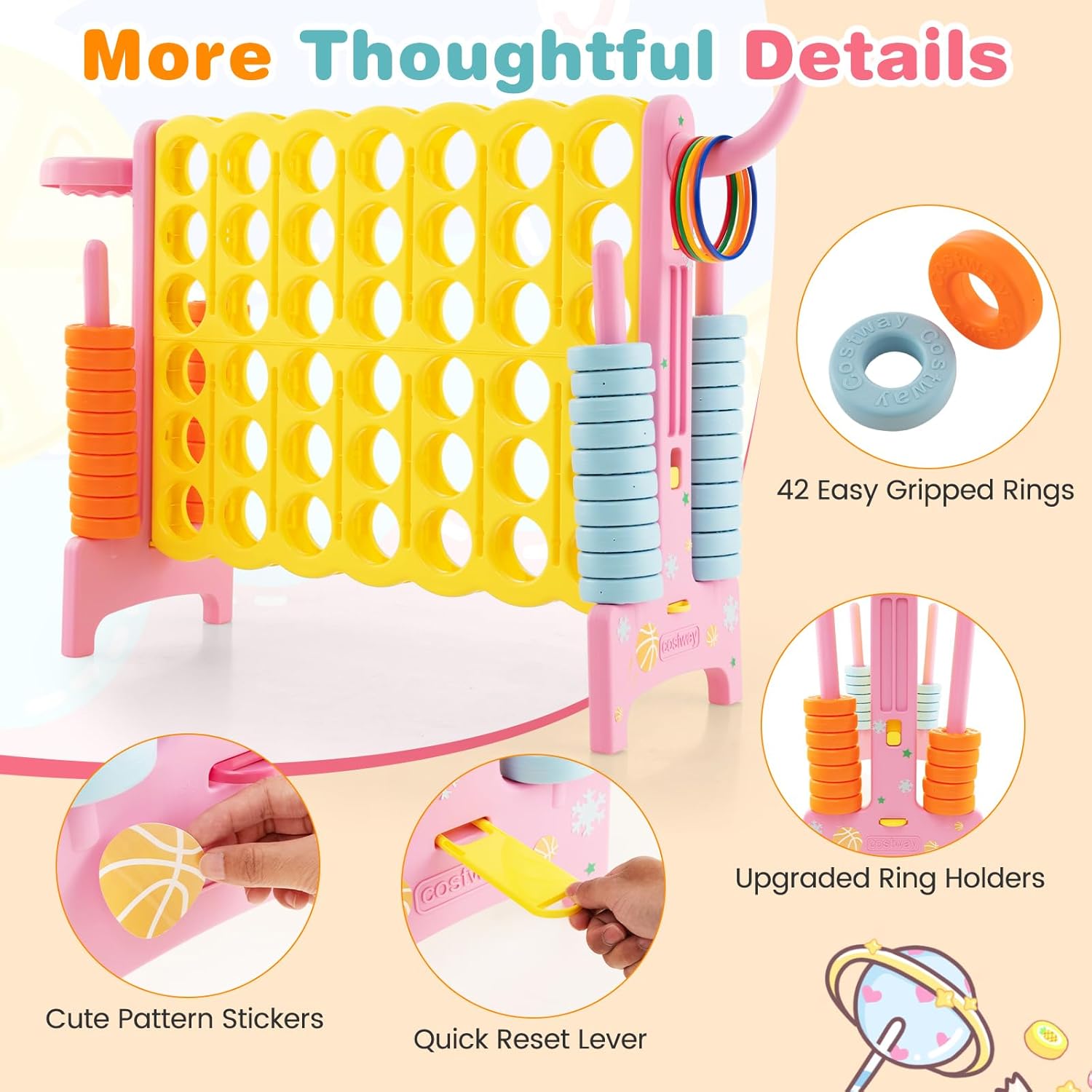 COSTWAY Jumbo 4-to-Score Giant Game Set with Carrying Bag, 2.5Ft Indoor Outdoor Game Set with Basketball Hoop, Ring Game, 42 Jumbo Rings, Quick-Release Slider, for Kids & Adults