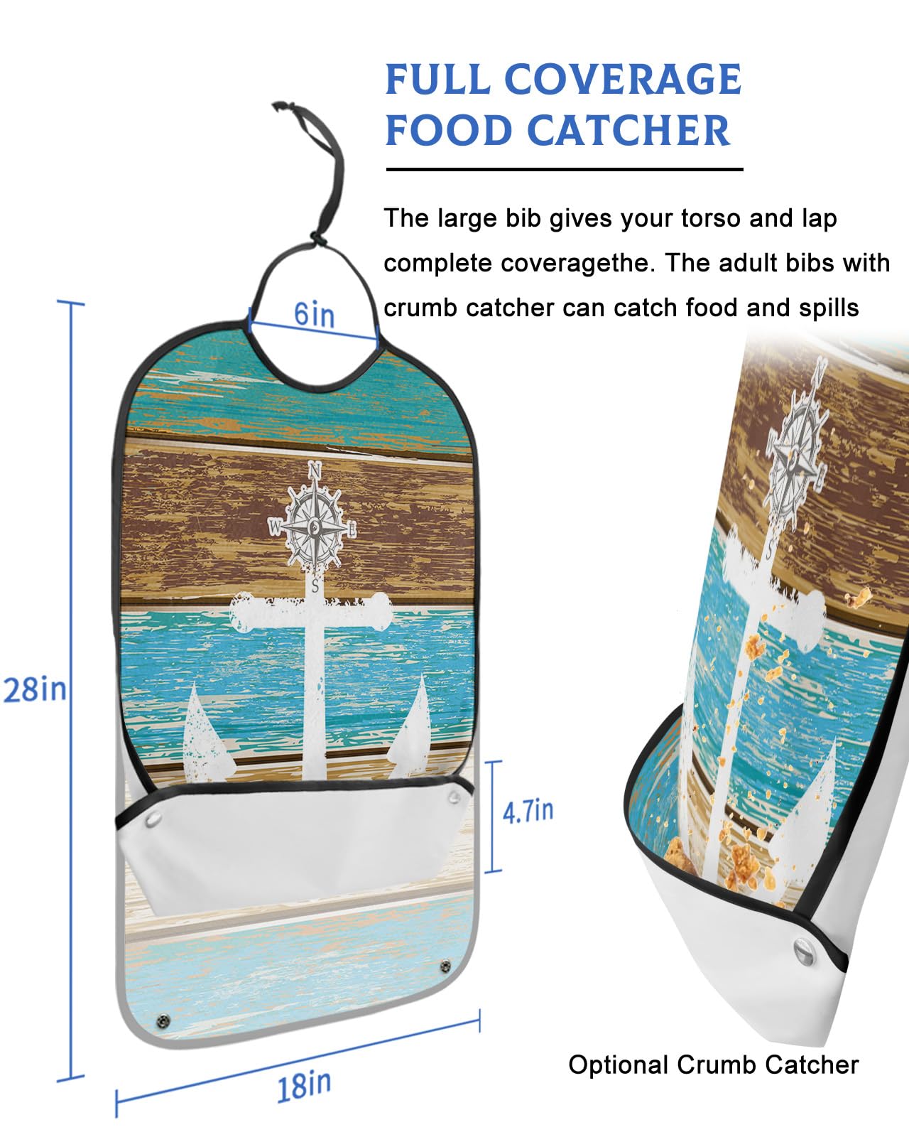 Teal Brown Ombre Wood Adult Bibs for Eating, Waterproof Bibs with Food Catcher & Adjustable Snap Closure, Beach Nautical Anchor Ocean Coastal Clothing Protectors Adult Bibs for Elderly Women/Men