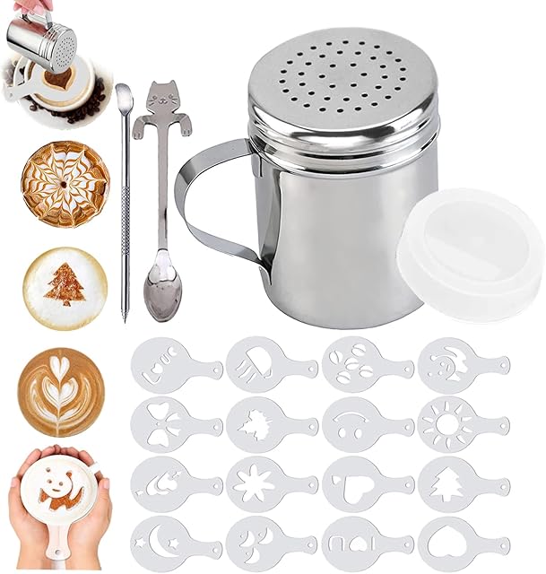 Panlom Chocolate Shaker Duster with Coffee Stencils Set 4 in 1 for Coffee Lovers Steel Barista Accessories Decorating Cappuccino Latte Hot Chocolate Cocoa