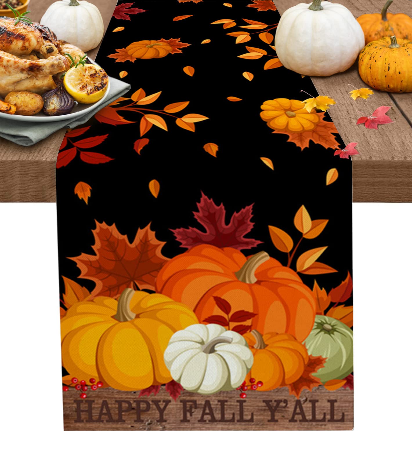 Table Runner, Thanksgiving Happy Fall Y'all Pumpkin Maple Leaves Black Cotton Linen Table Runners for Dinner, Party, Wedding, Catering Events, Holiday, Farmhouse, Dresser Scarves Decor 14x72 inch
