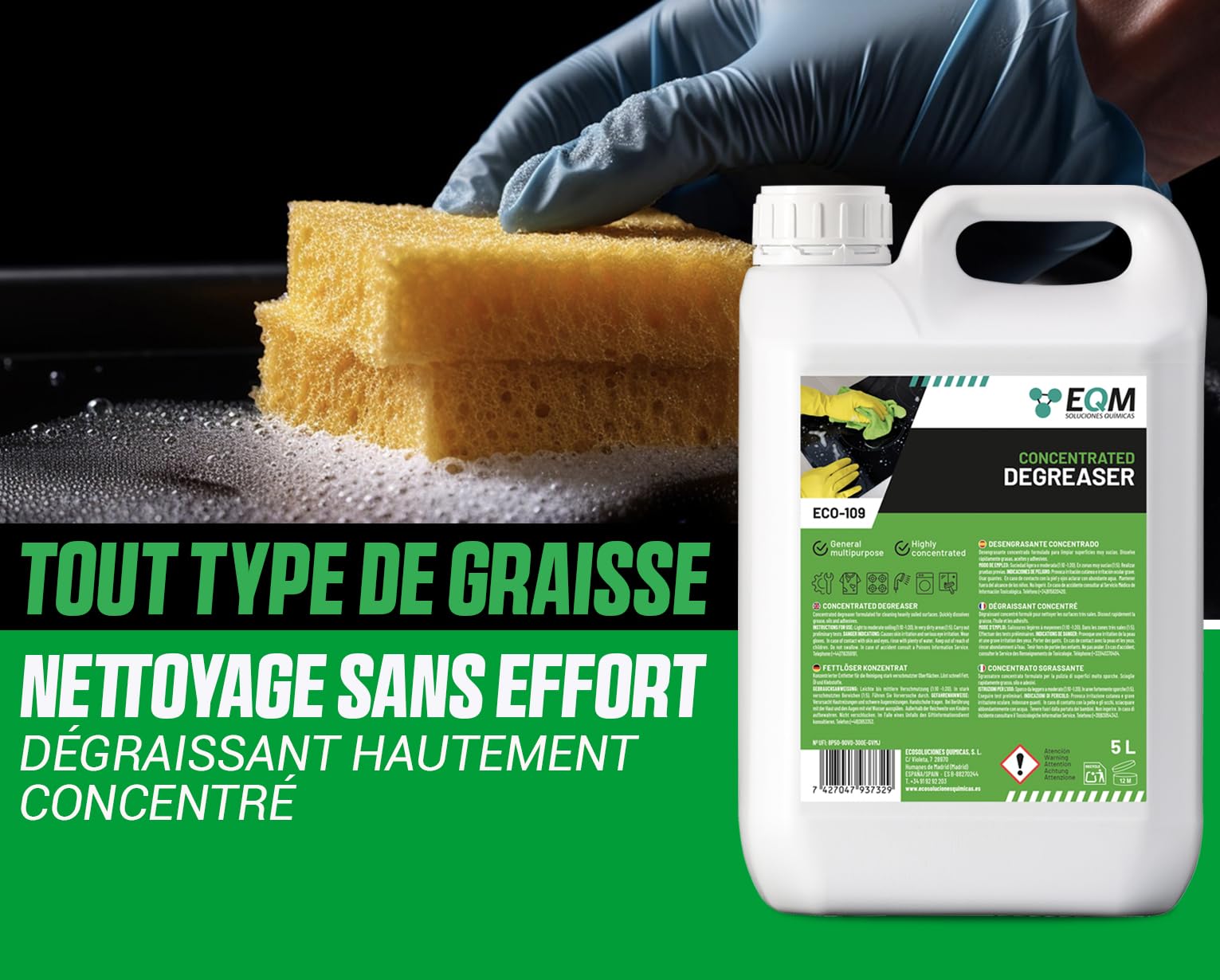 EQM - ECO-109 - Dégraissant Concentré Multisurfaces - 5L - Cuisines, moteurs, machines, sols industriels, garages, etc. - Dégraissant haute efficacité