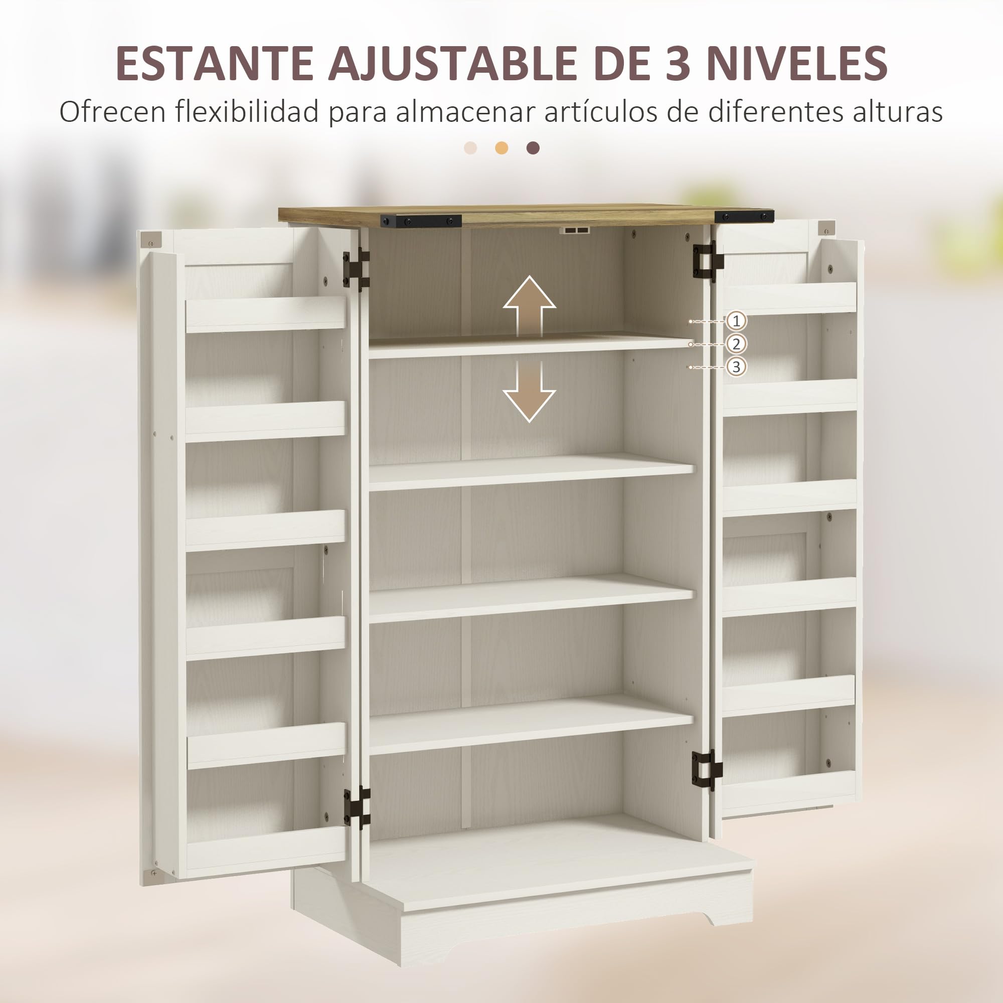 HOMCOM Armario Despensa Cocina Armario de Cocina con 2 Puertas y 16 Estantes Alacena Rústica con Estante Ajustable para Comedor Salón 60x40x104 cm Crema
