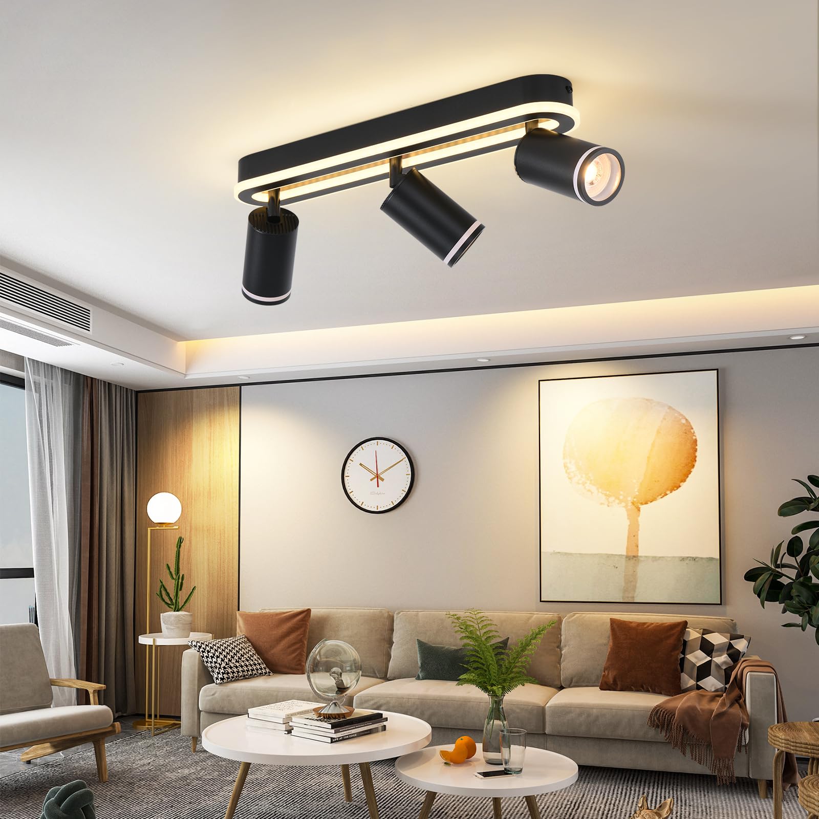 SANSHI Faretti da Soffitto Orientabili Interno LED 3 Luce,Faretti da Parete con Inferiore 27W+3x5W,GU10 Lampadario Faretti,Moderna Plafoniera Faretti Bianco Caldo 3000K per Cameretta Cucina Barra,Nero