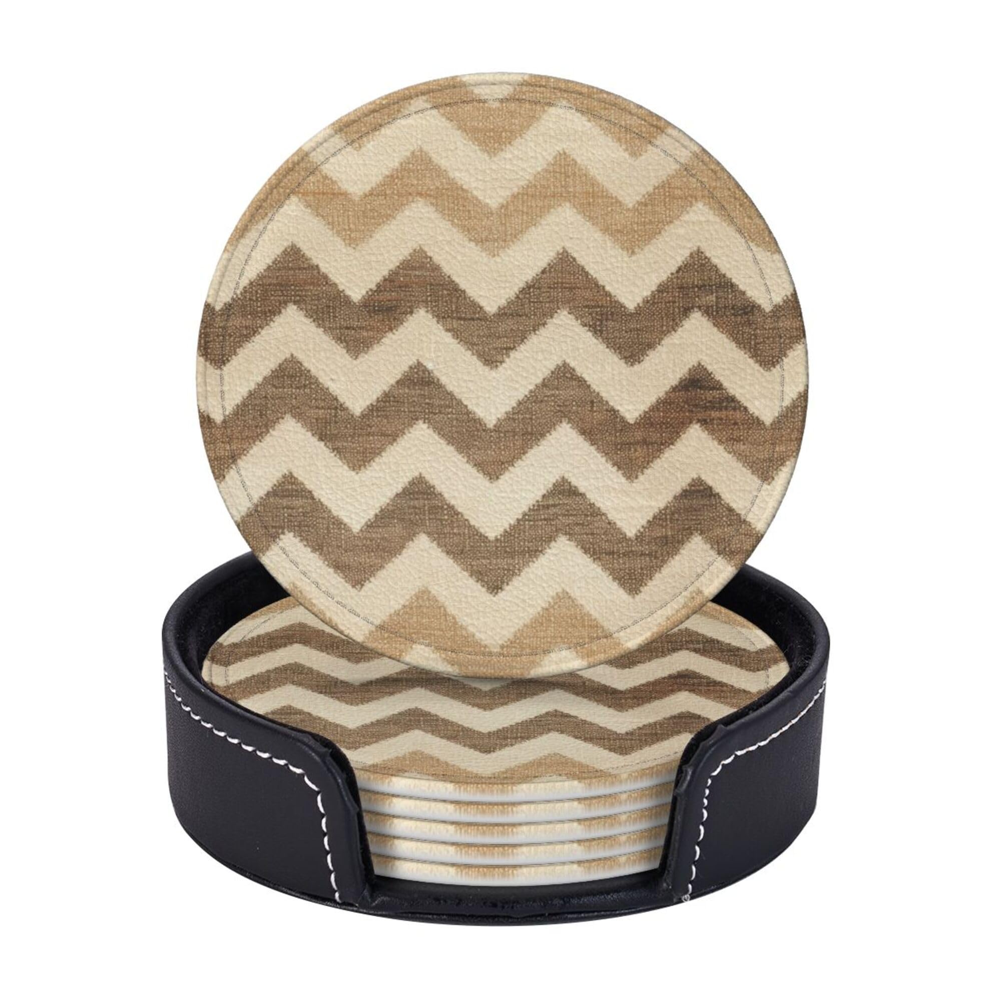 Leather Coasters Set of 6 with Holder, Round Cup Mat Beige Brown Retro Zigzag Coffee Cup Coasters, Drink Coaster for Coffee Table Absorbent Bar Drink Coaster Suitable for Kinds Cups