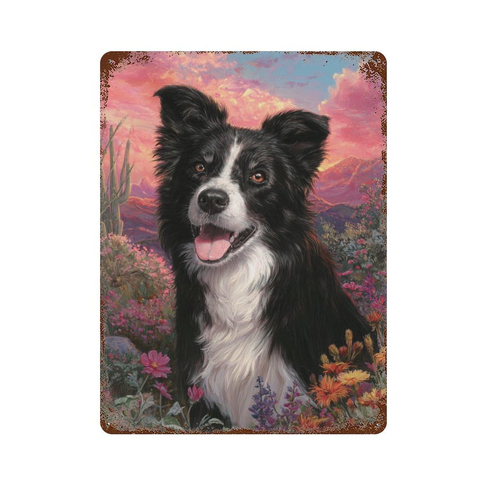 Border Collie in Flowers Rusty Metal Tin Sign 15.7"x11.8", Vintage Wall Decor for Garage, Pub Or Kitchen