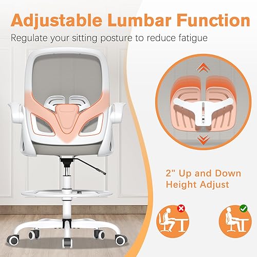 Miniatura 3 de Silla de dibujo alta con soporte lumbar y anillo para reposapiés, silla de escritorio ergonómica de altura extendida para trabajo en casa, silla de