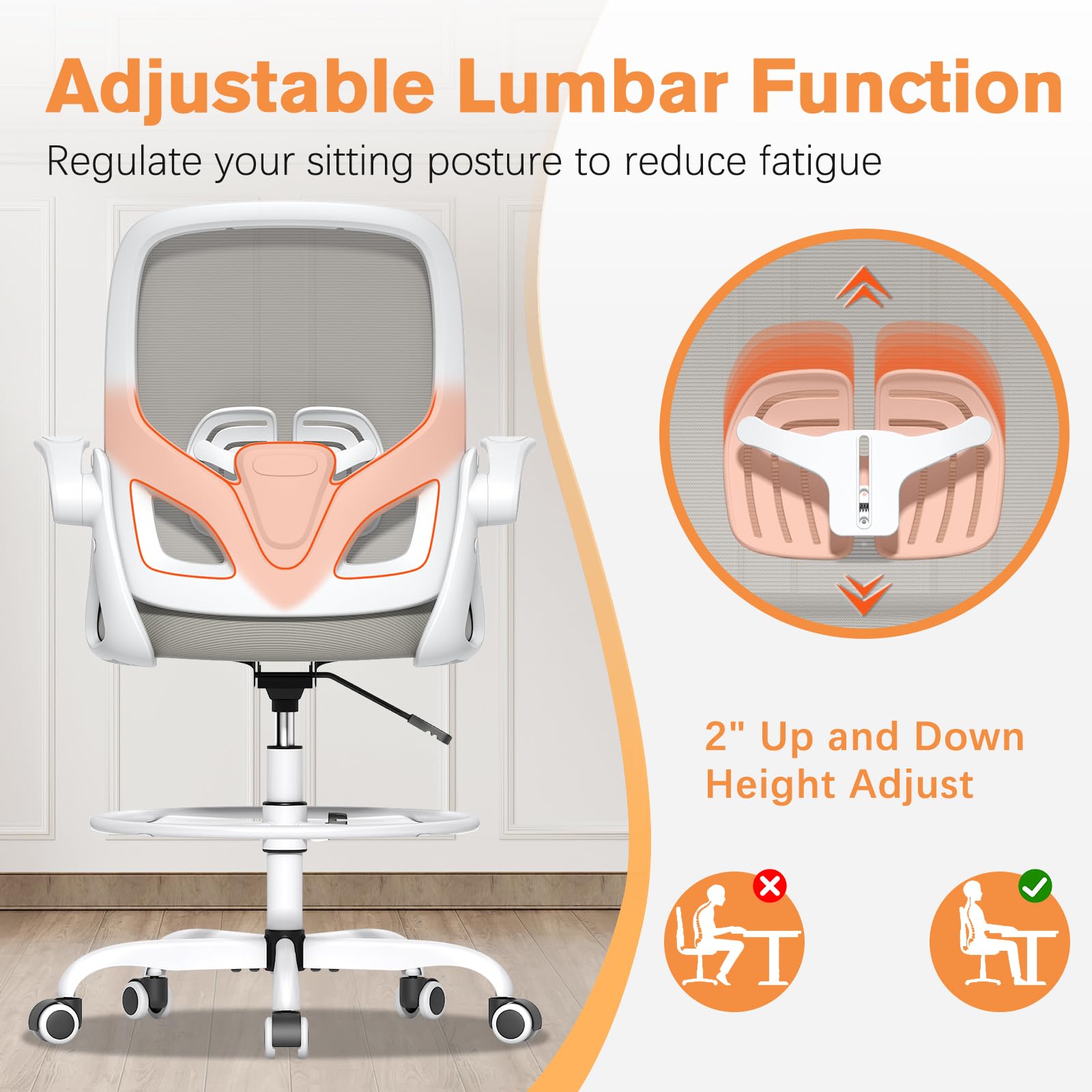 Silla de dibujo alta con soporte lumbar y anillo para reposapiés, silla de escritorio ergonómica de altura extendida para trabajo en casa, silla de oficina de malla transpirable con brazos 2