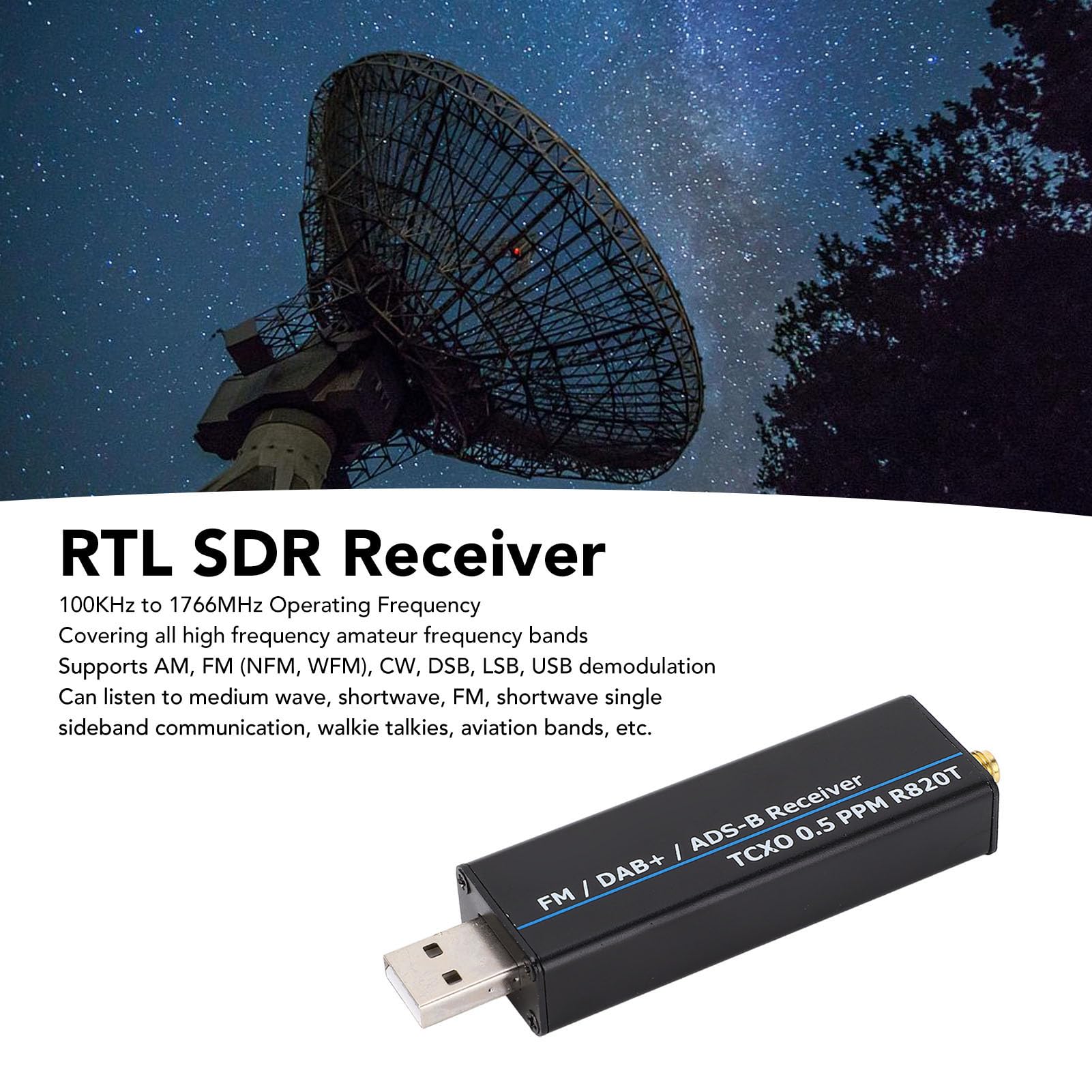RTL SDR Receiver, 100KHz to 1766MHz Software Defined Radio, Full Band RTL2832U R820T2 0.5 PPM TCXO USB Software Defined Radio