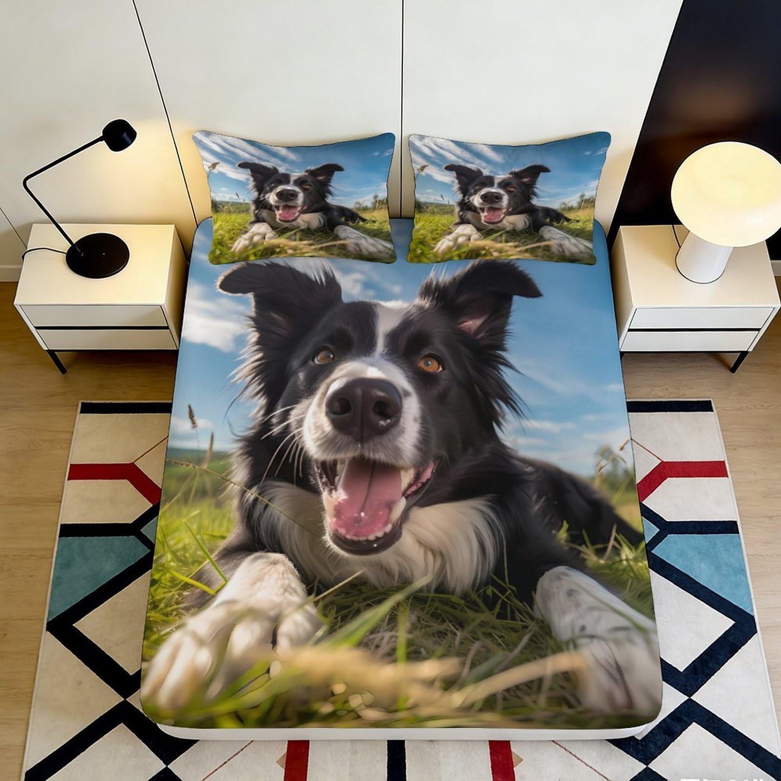3D Printed Border Collie Dog Fitted Sheet Microfiber Soft Animal Portrait Bed Cover for Bedroom Dorm Mattress Decor 90x200x25cm