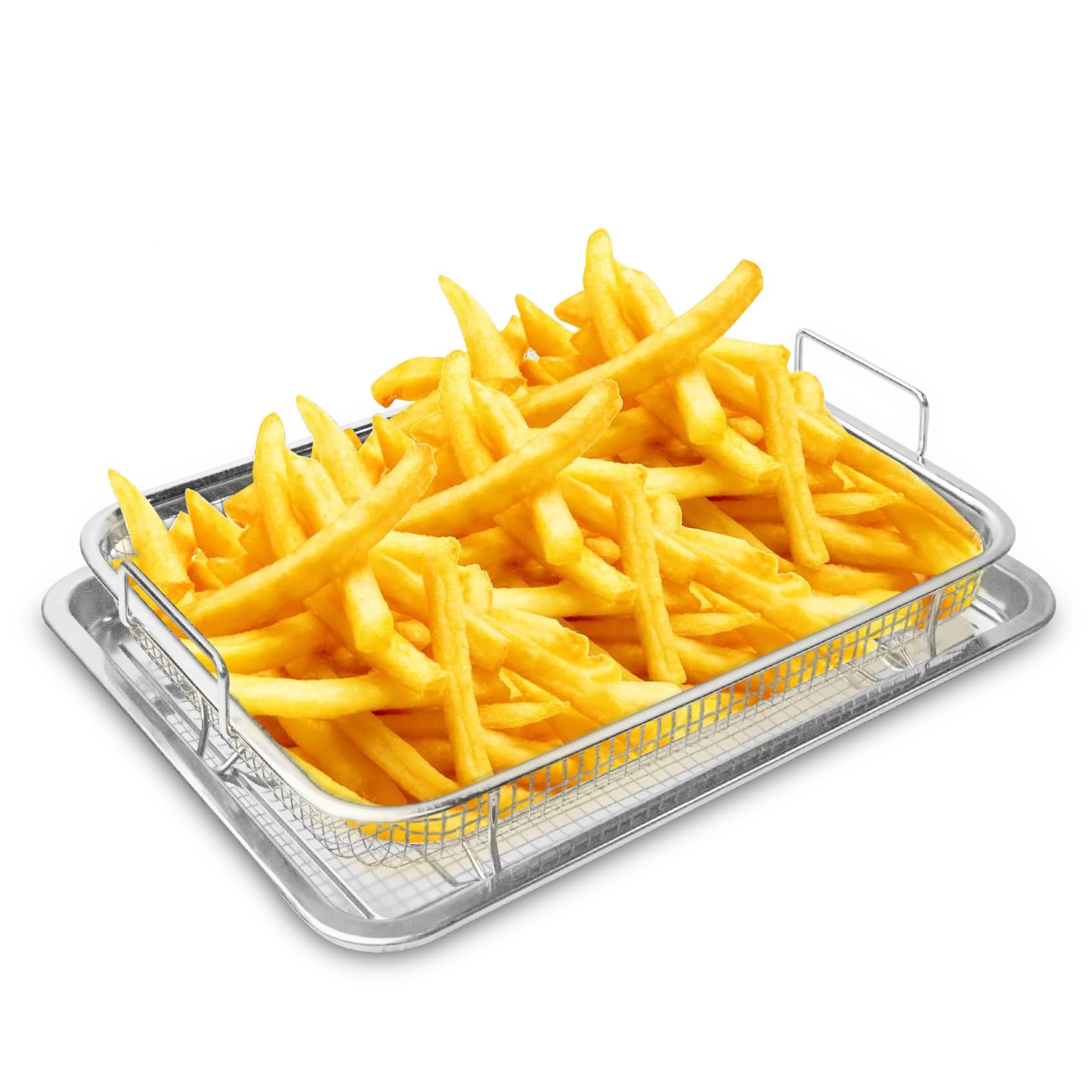 Yvonmmee 2 Piece Air Fryer Basket for Oven,Stainless Steel Crisping Basket & Tray Set, Tray and Grease Tray Set Bacon Rack, Oven crisper for French fry/frozen food (1 Pack Rectangle 15.7x11.8 Inch)-image-20