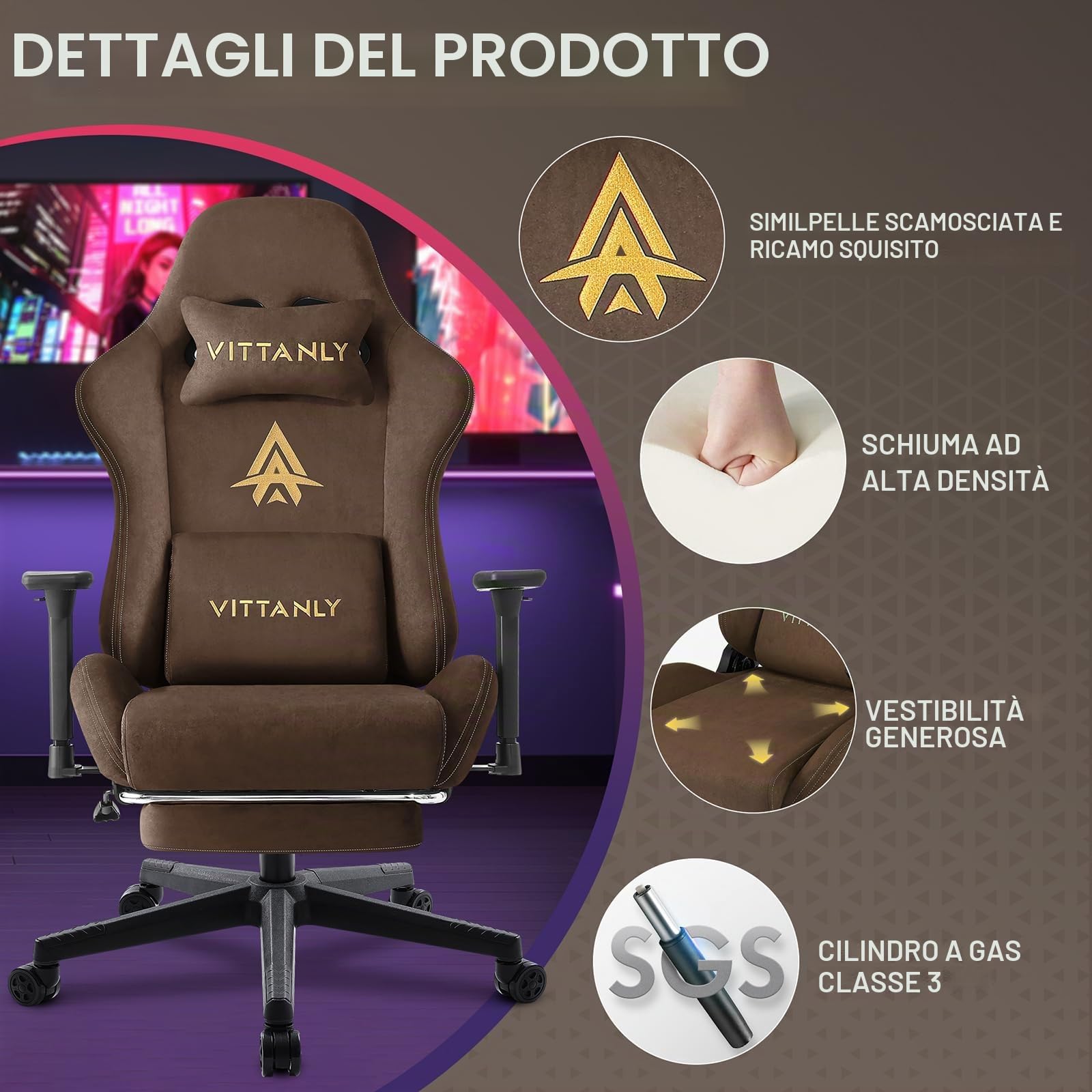 Vittanly Sedia da gaming, lussuosa e traspirante, in finta pelle scamosciata, da ufficio, da gaming, ergonomica, con poggiapiedi e cuscino lombare, braccioli 3D, schienale 90-155°, marrone