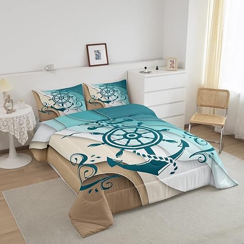 Miniatura 2 de Erosebridal Juego de edredón costero oceánico, juego de edredón de ancla náutica, juego de ropa de cama tamaño Queen con brújula de gaviota marina,