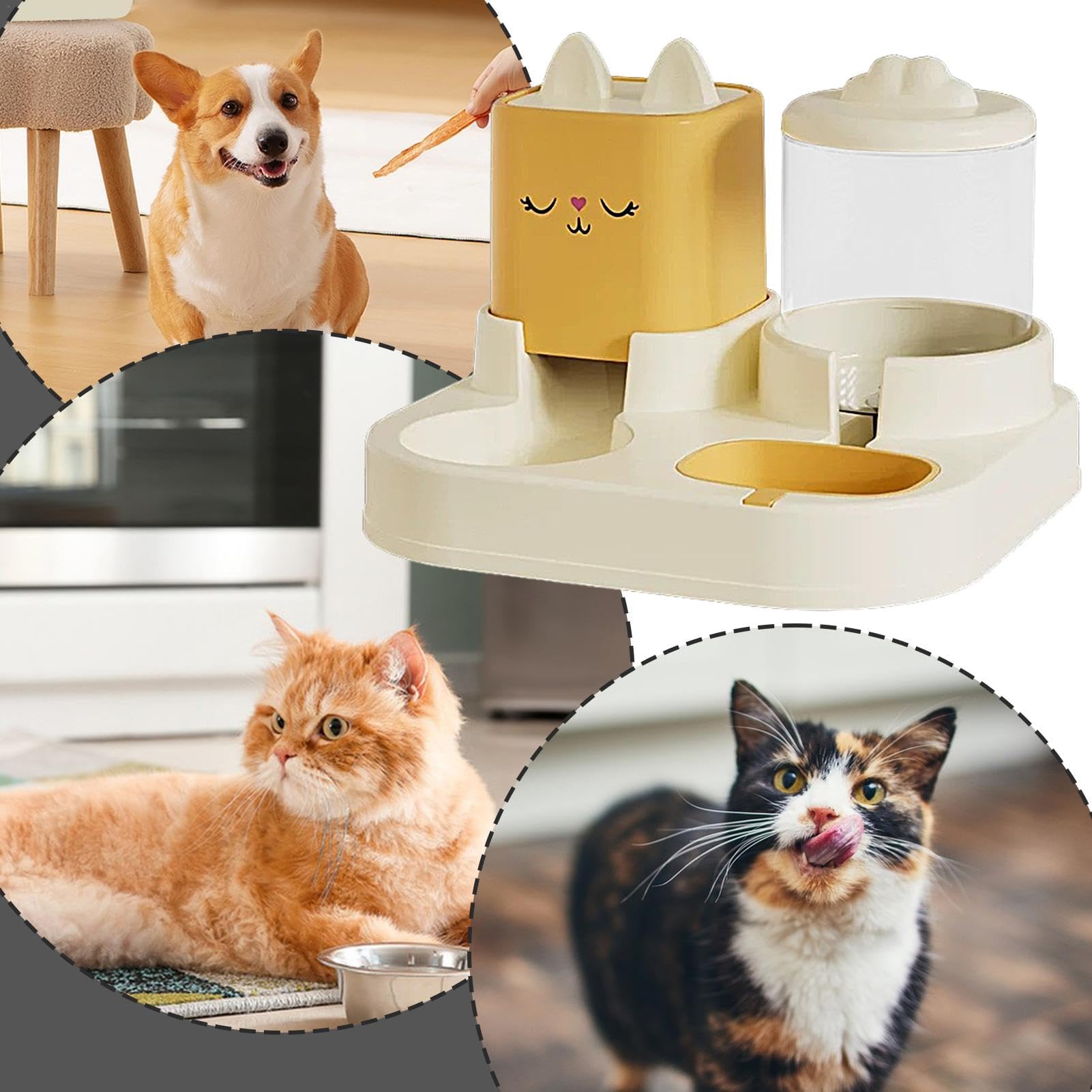 Comedero automático para Mascotas Juego de comedero y Bebedero for Gatos, comedero y Bebedero for Mascotas, Cuencos Dobles con Bebedero automático.(Yellow)