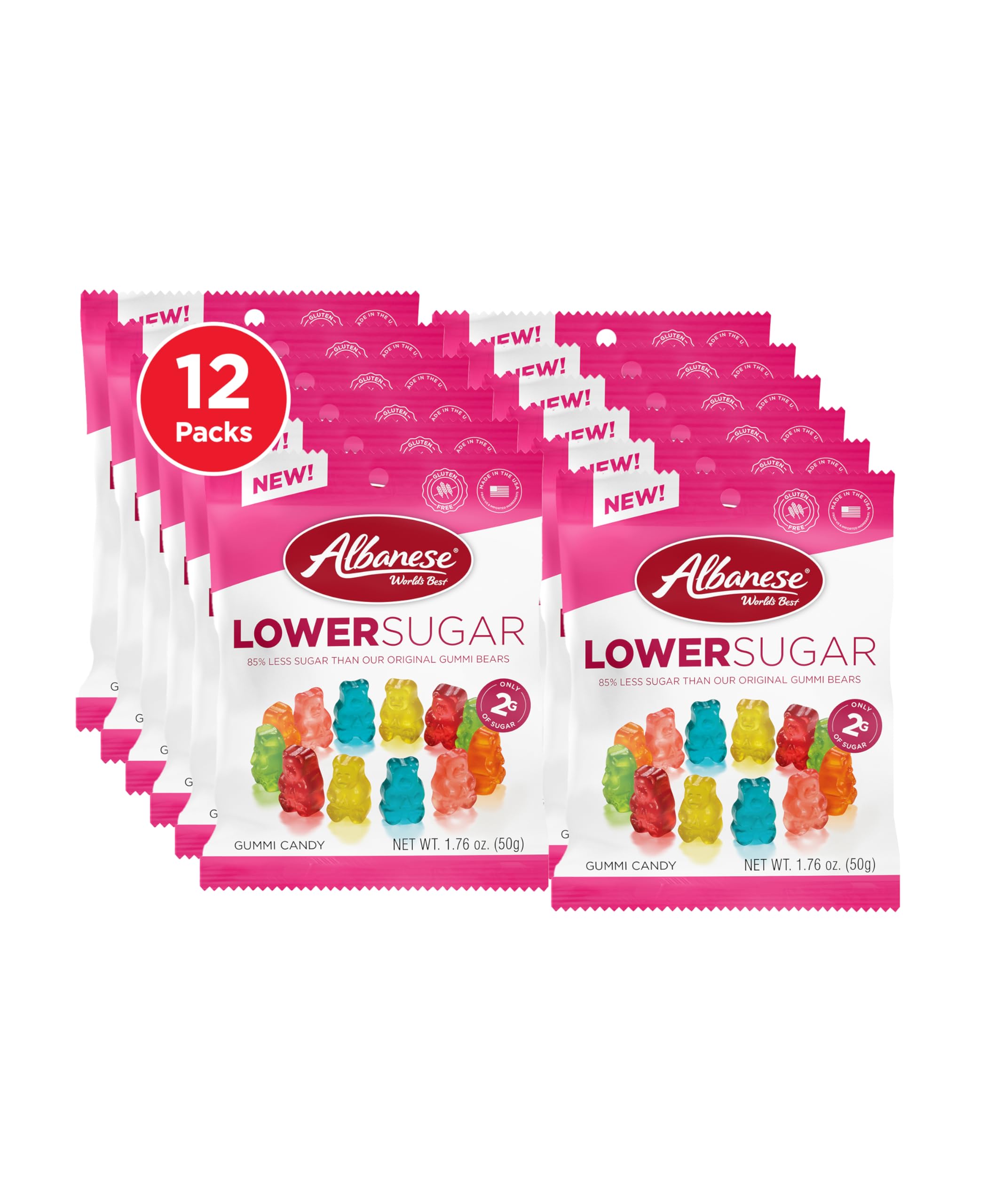 World's Best Lower Sugar, Gluten Free Gummi Bears, 1.76oz Bag (Pack of 12), Individually Wrapped Soft & Chewy Candy Snacks