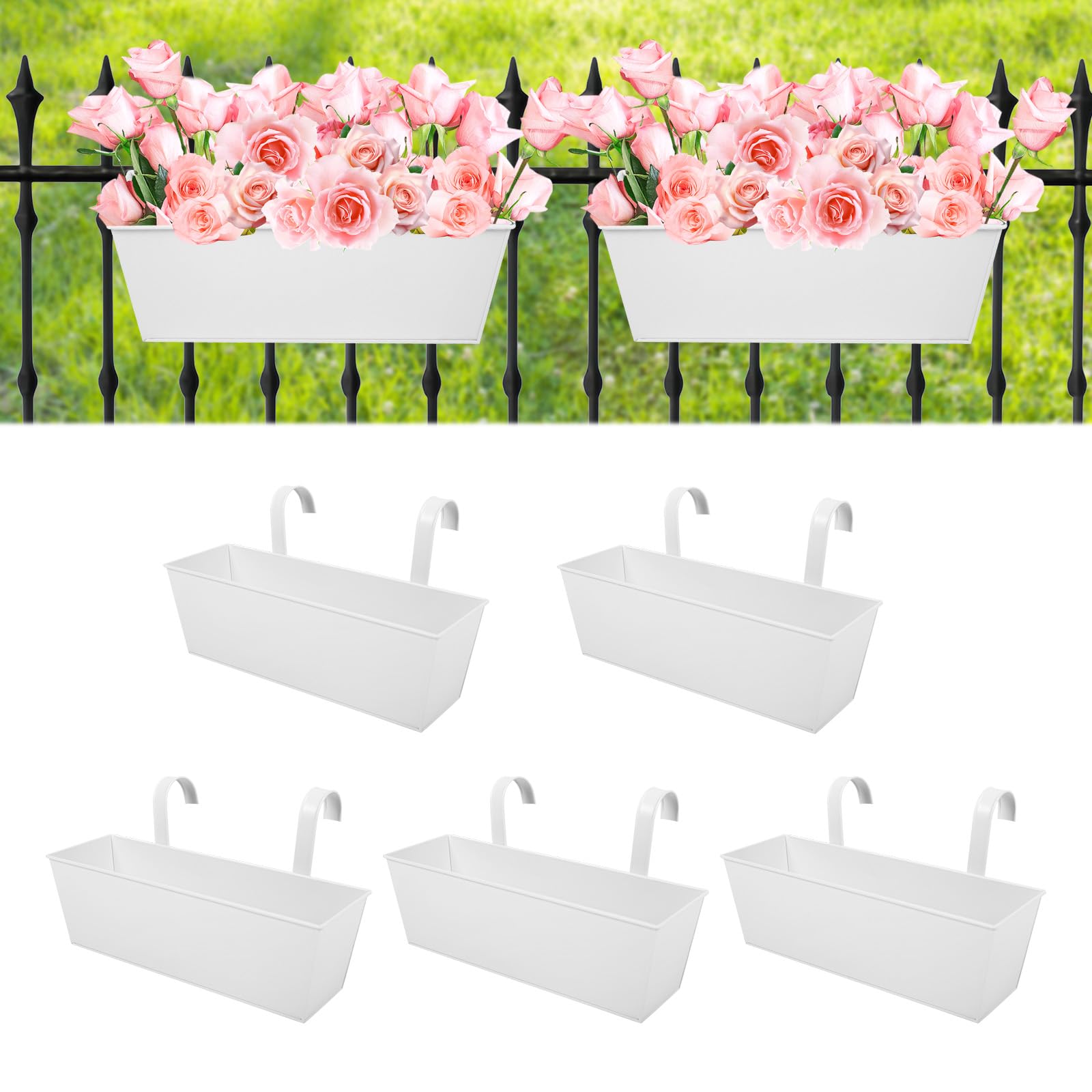 16 Inch Railing Planters Box Metal Hanging Flower Pot 5 Pcs