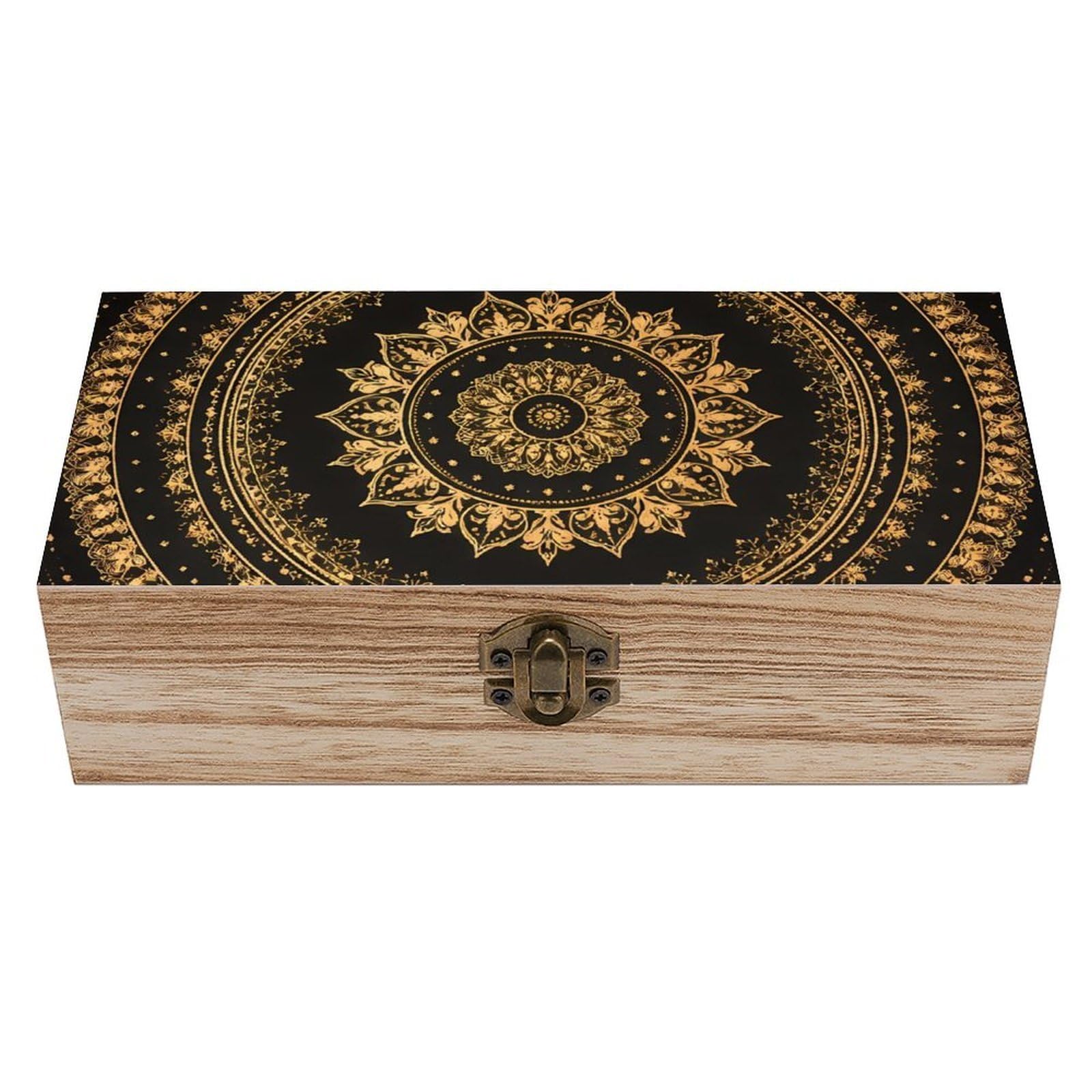 SMAZDFXX Circle Gold Mandala Wooden Storage Box With Hinged Lid Decorative Front Clasp Keepsake Boxes