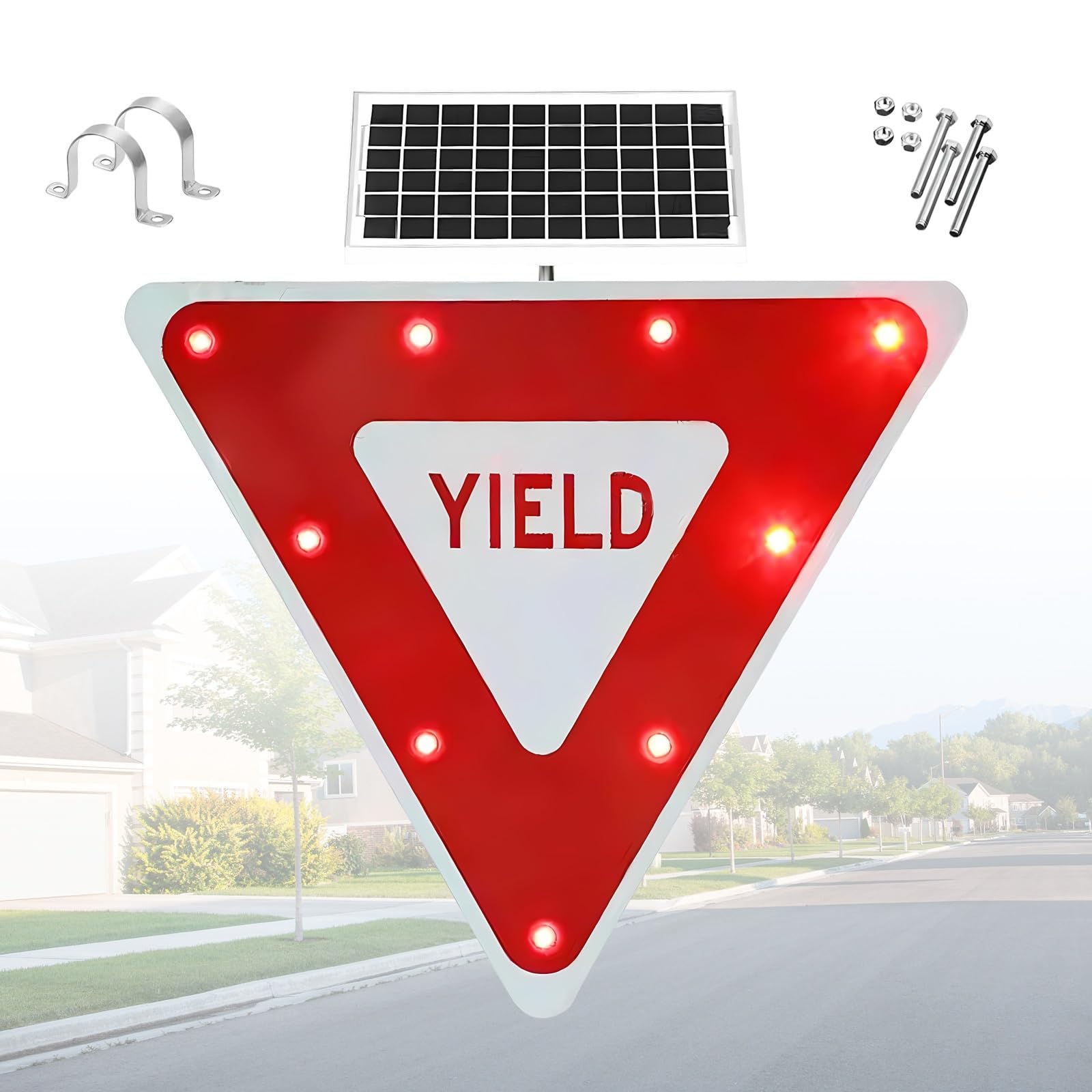 Señal de Tráfico Solar LED Intermitente en 24 y 32 Inch Seguridad Vial Paso Peatonal Metal con Sensor Crepuscular Automático para Condominios