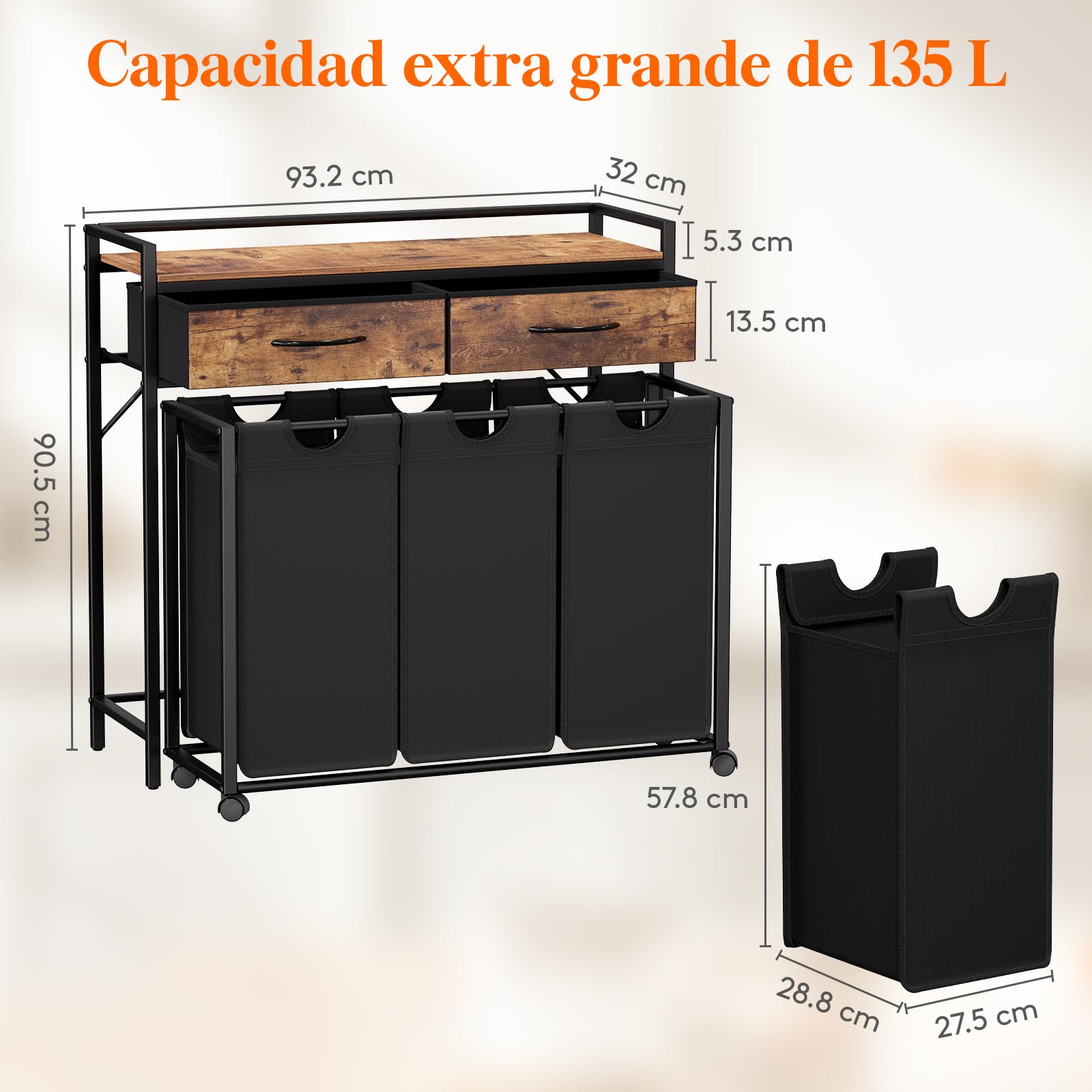Lifewit Cesto Ropa Sucia con 3 Compartimentos, Grande Laundry Basket 135L con Estantes y 2 Cajones, Almacenamiento de Cesta con Ruedas y Bolsa Extraíble para Baño Lavandería, Marrón Rústico y Negro