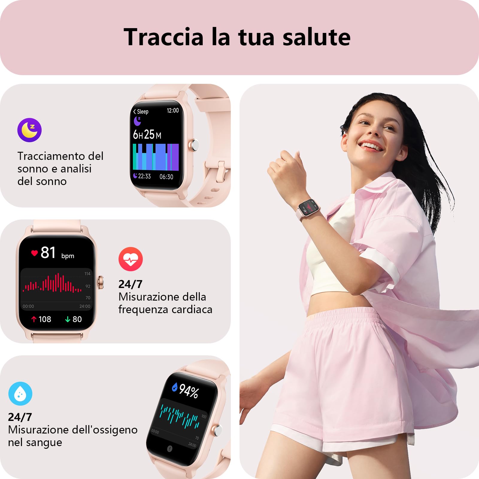 Smartwatch Donna Rispondi/Effettua Chiamate e Alexa, 1.8" Orologio Smartwatch SpO2/Frequenza Cardiaca/Sonno/Stress, Contacalorie/Passi/Distanza, 120 Modalità Sport, Orologio Fitness IP68 Regalo Donna