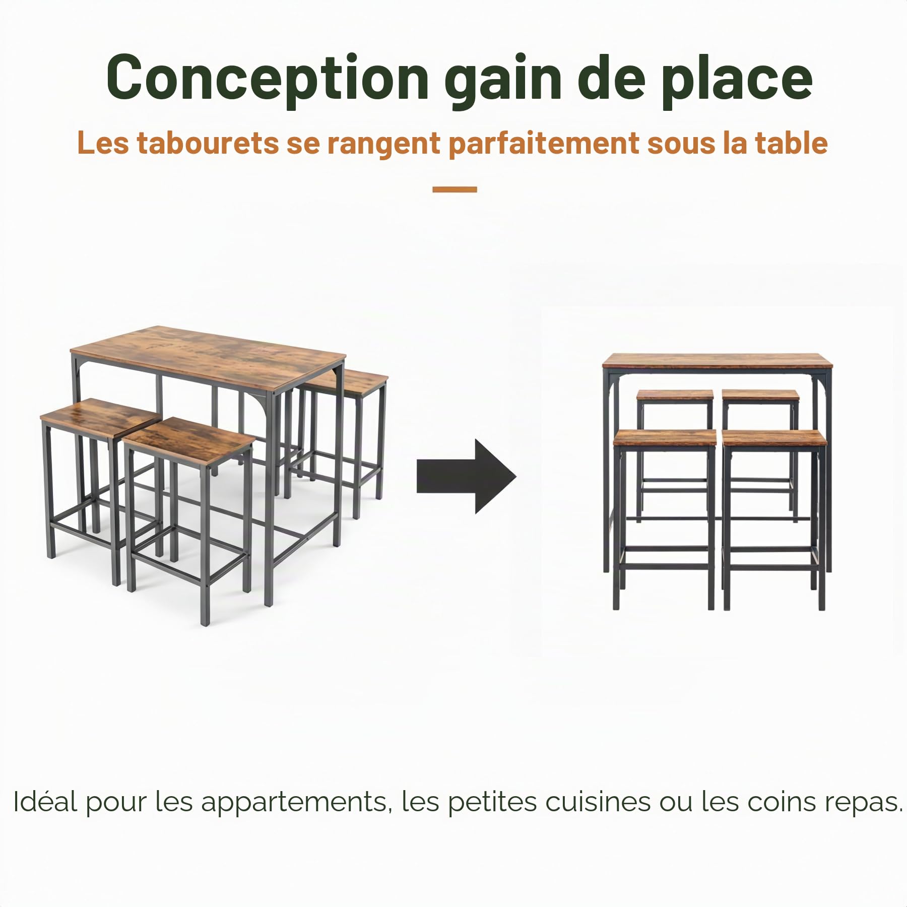 Table de Bar avec 4 Tabourets(30×40×65 cm), Ensemble Table Haute Cuisine 5 Pièces, Table Haute 100×60×90 cm, Structure en Métal et MDF, Convient aux Cuisines, Salons, Bars(Aspect Bois Vieilli)