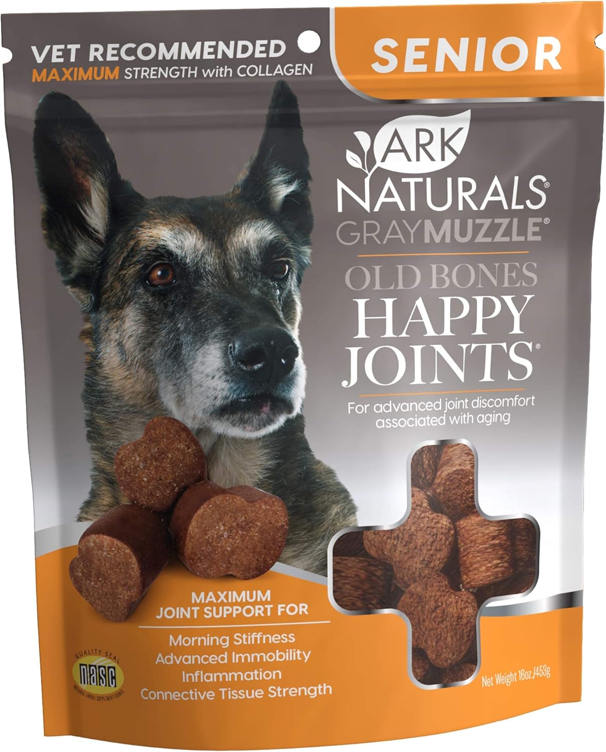 ARK NATURALS Gray Muzzle Old Dogs Happy Joints Chews for Large Breed Dogs, Vet Recommended to Support Cartilage and Joint Function, 500 mg Glucosamine, 16.5 oz Bag, Packaging May Vary (71008)