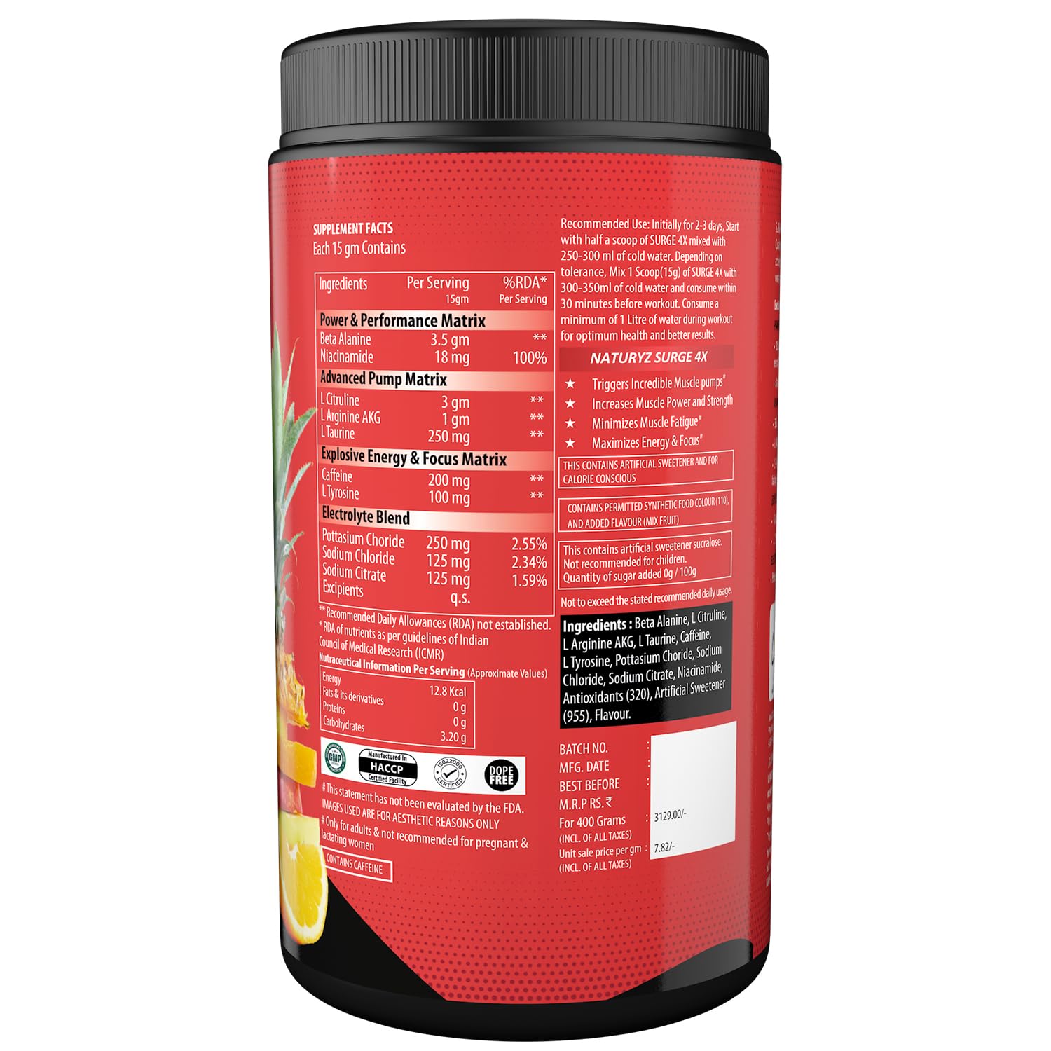 Naturyz Surge 4X Pre Workout, 400g Powder (Mix fruit fusion flavour) with 4000mg Beta-Alanine, 3500mg L- Citrulline,Creatine,L- Arginine & Aminos