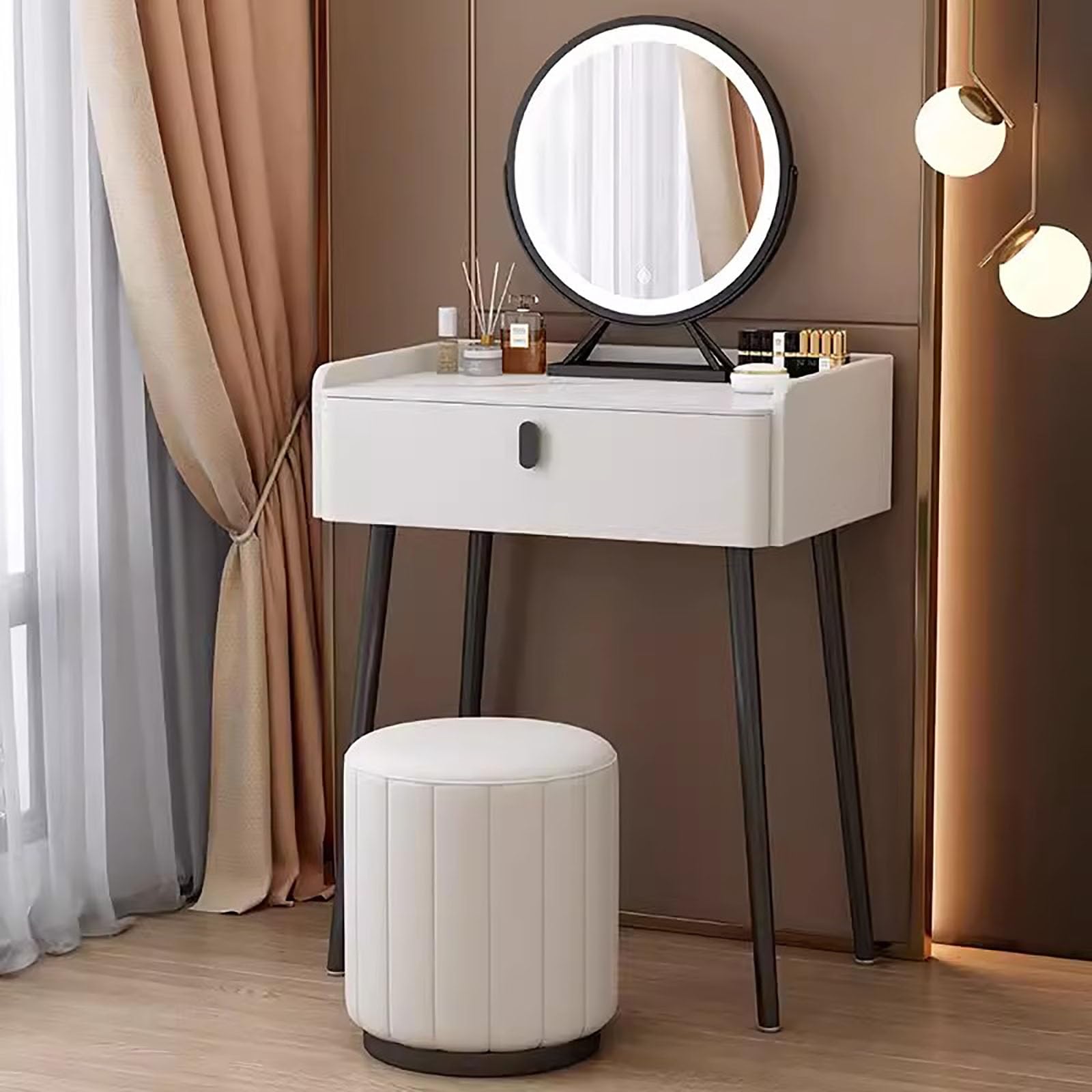 asdchZen Champagne Makeup Vanity Desk Set With Led Lighted Mirror & Cushioned Stool-Stylish Dressing Table For Bedroom & Studio, 23.6In/60Cm,White-27.5in/70cm