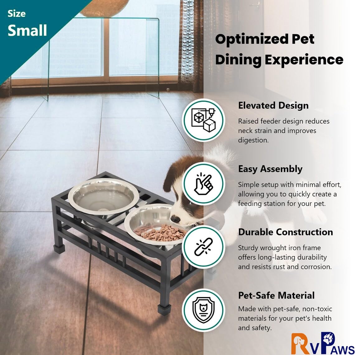 RvPaws Pets Double Elevated Feeding and Watering Stand Bowls | Stainless Steel Bowl Non-Slip Iron Stand | Feeder Bowls for Puppies and Small Dogs (Small - 350ML X 2 Bowl) 4
