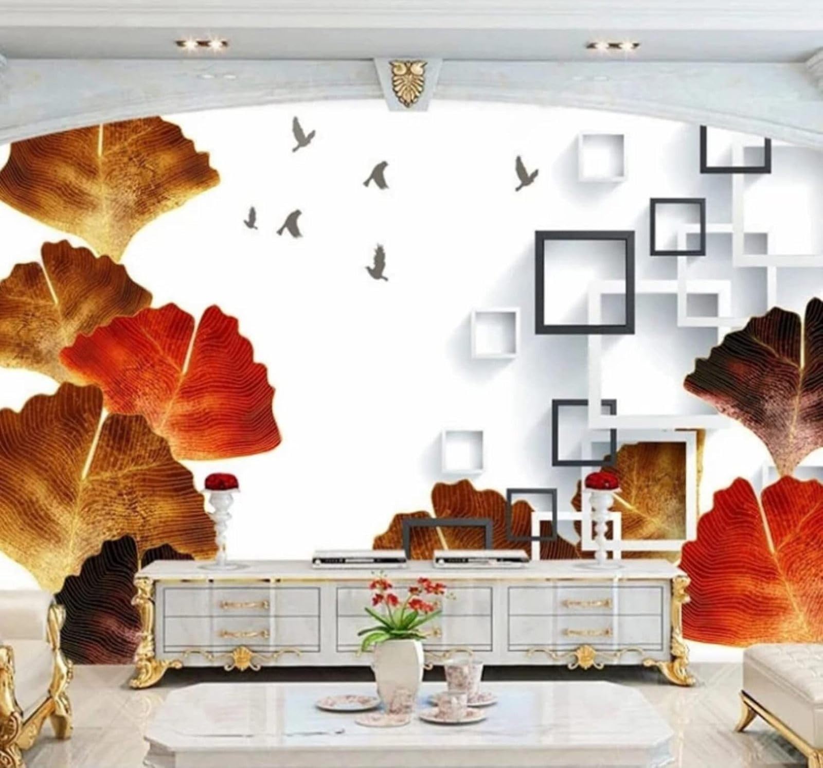 XLMING Abstract Three Dimensional Ginkgo Leaves Birds in Flight Square 3D Wallpaper Luxury Silk Study Dining Feature Sofa Grey Bedroom Living Room Tv Decorative Wall-430cm×300cm