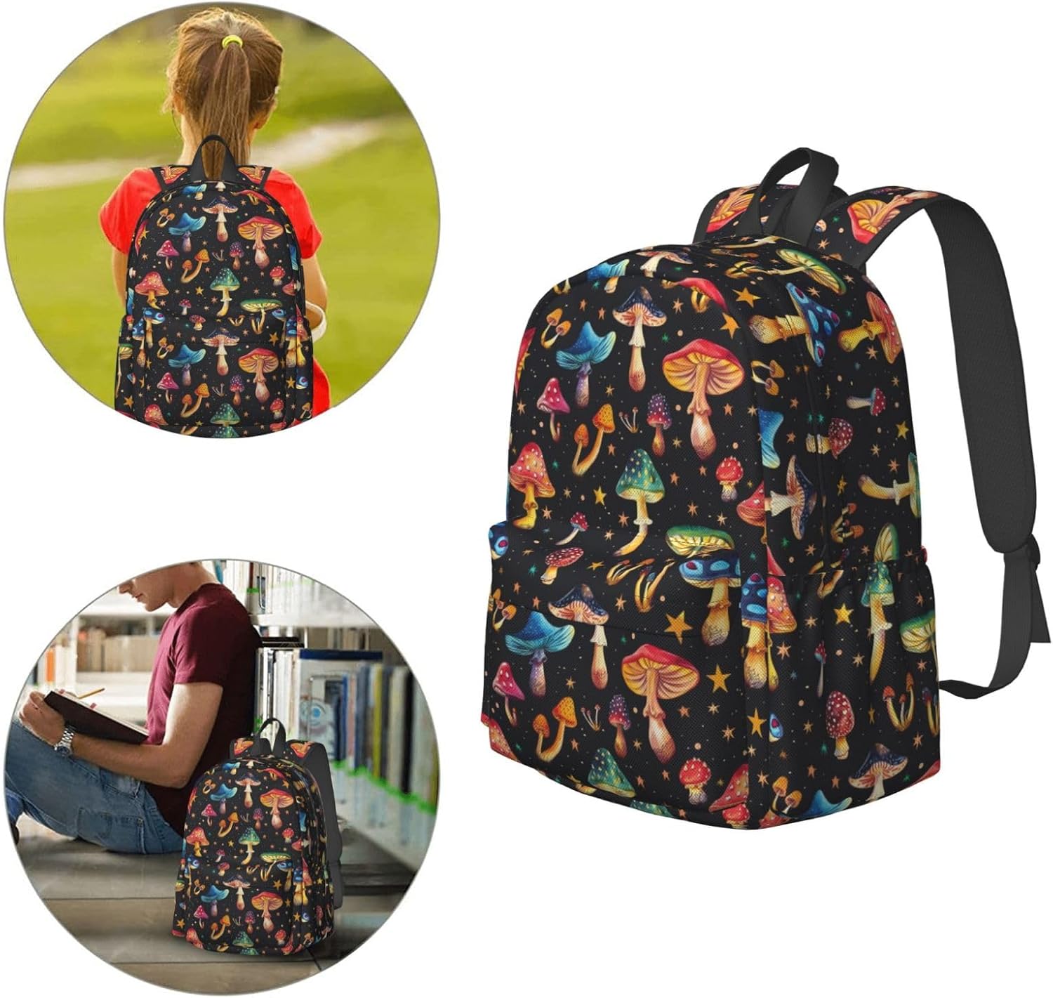 KiuLoam 17 Inch Large Capacity Backpack Colorful Mushrooms Floral Pattern Laptop Backpack Shoulder Bag School Bookbag Casual Daypack For Teenager