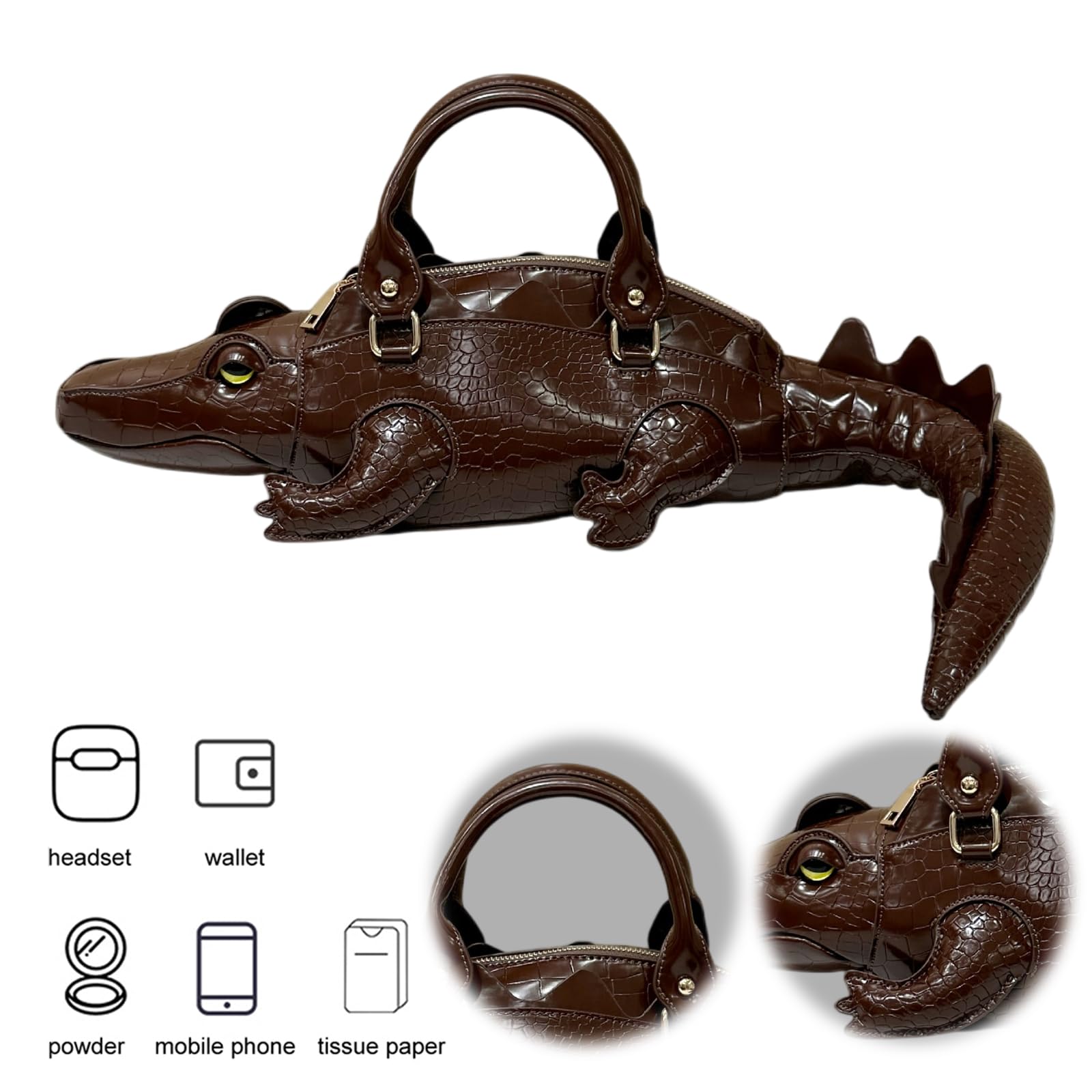Damska torebka crossbody 3D z krokodylem, górny uchwyt ze skóry PU