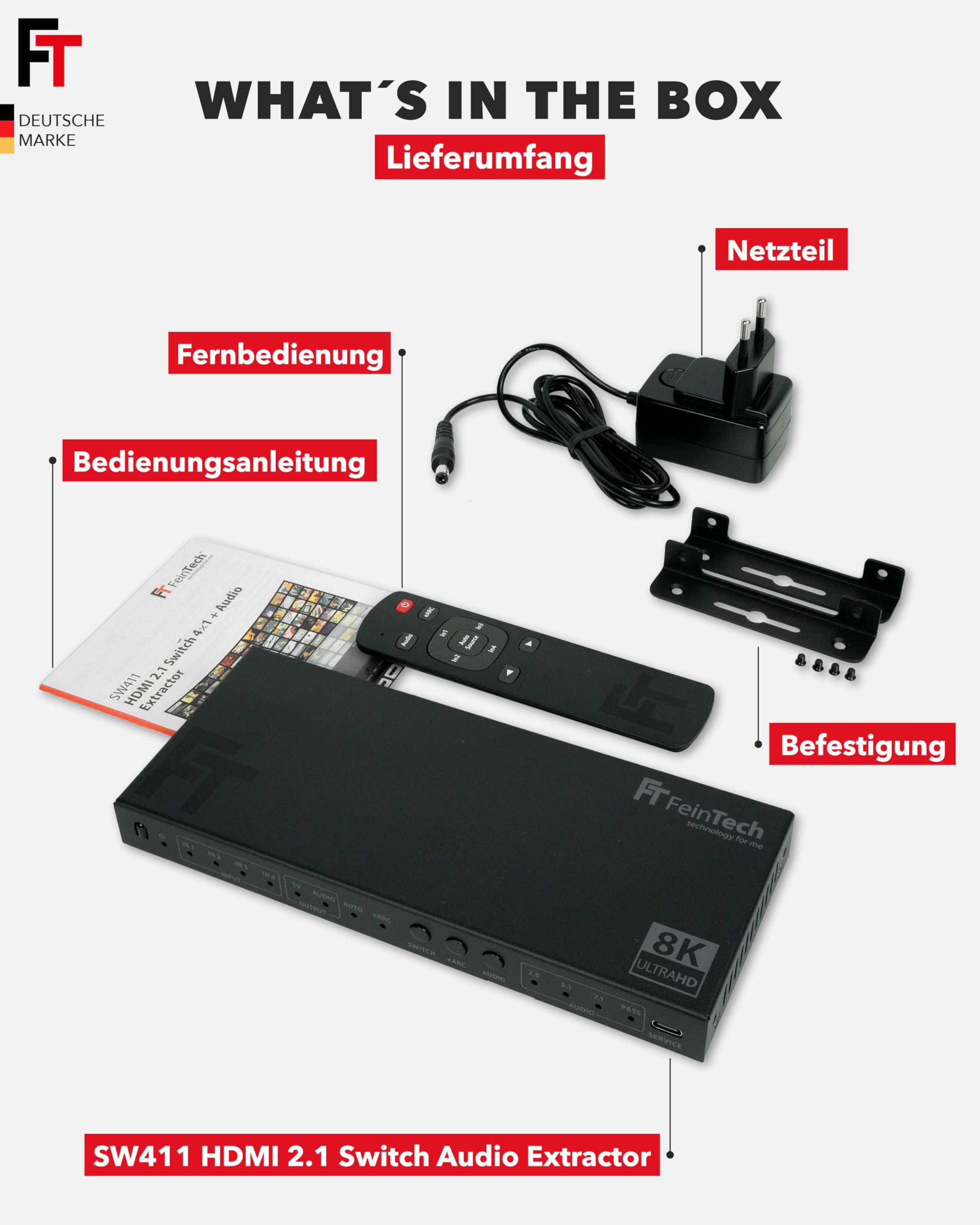 FeinTech SW411 HDMI 2.1 Switch 4 In 1 Out mit Audio Extractor für Soundsysteme mit HDMI-, Toslink- und AUX-Eingang, unterstützt 4K 120Hz & 8K