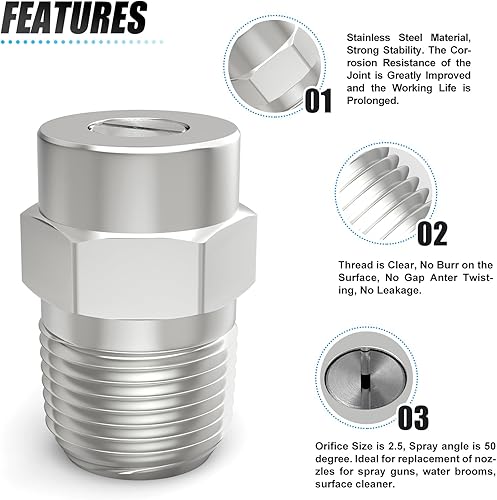 Miniatura 3 de Puntas limpiadoras de superficies de 50 grados, macho NPT de 14 de pulgada, orificio de 2.5, boquillas de pulverización roscadas de 4000 PSI,
