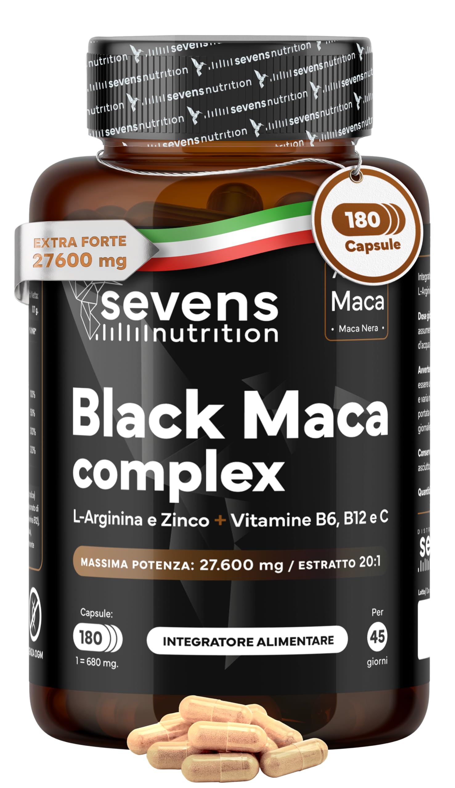 Maca Peruviana - 180 Capsule Vegane - Maca Nera Extra Forte 27 600 mg - Alto Dosaggio con L-Arginina, Zinco e Vitamine B6, B12 e C - Estratto Puro 20:1 - Aumenta l'Energia e la Vitalità - Sevens