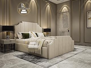 RN Interiors Designer liner Sleigh Bed Frame Upholstered Bed Frame With 125cm High Floor Standing Headboard Bed Frame Without Storage (Cream, 6FT Super King Size)