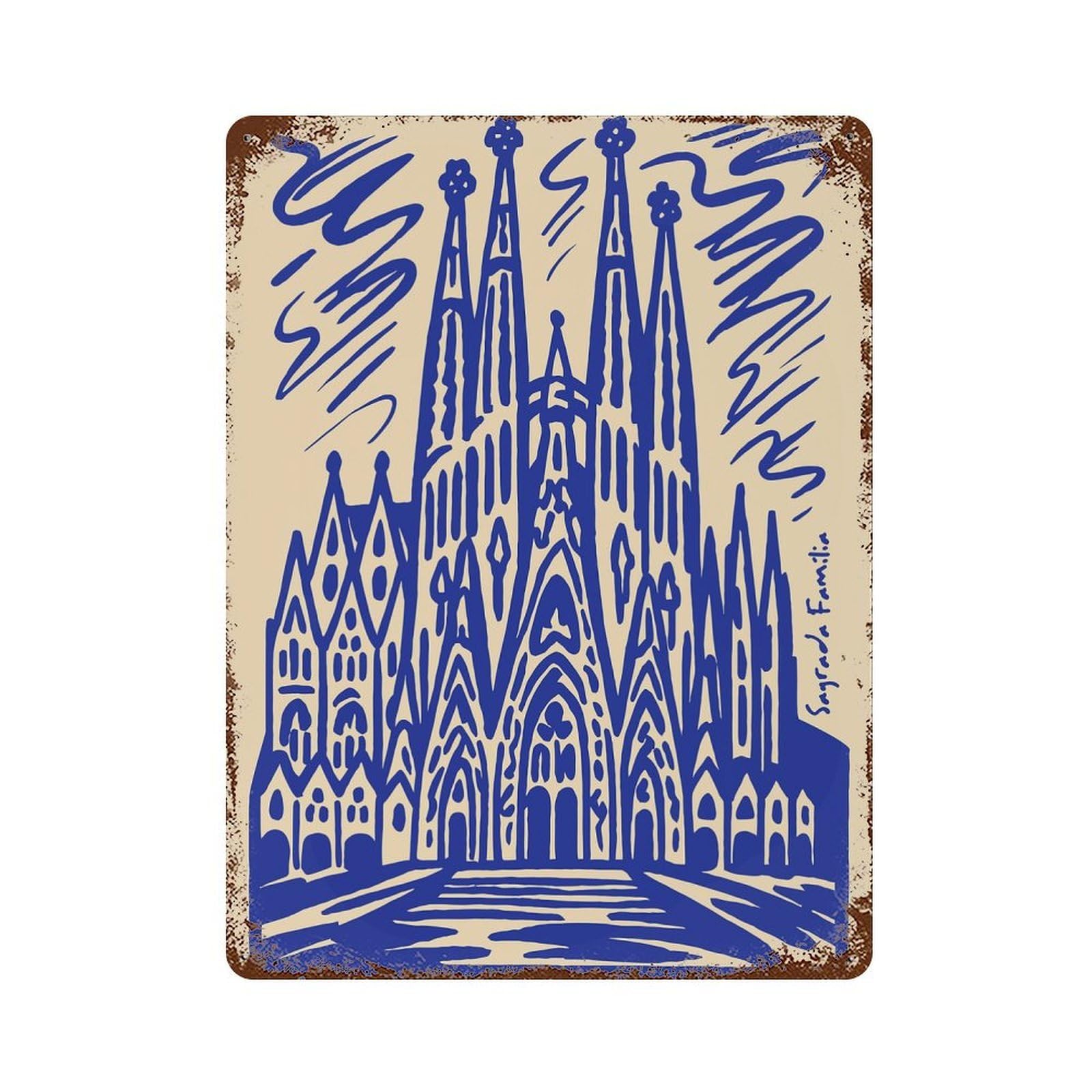Sagrada Familia, Barcelona, Spain, Illustration Rust Effect Tin Sign 15.7"x11.8", Retro Wall Decor for Pub, Kitchen And Man Cave Decor
